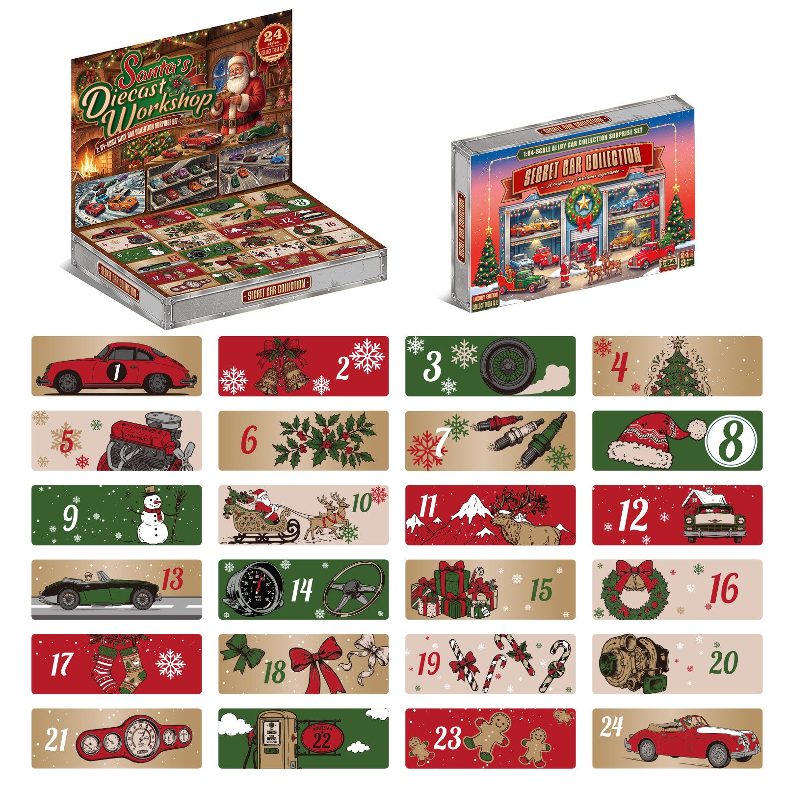 Esun Spielzeug-Adventskalender Adventskalender Auto Kinder 2026, Weihnachtskalender Kinder Geschenk (Set, 24-tlg), Weihnachts-Kalender mit 24 Die-Cast Spielzeugautos