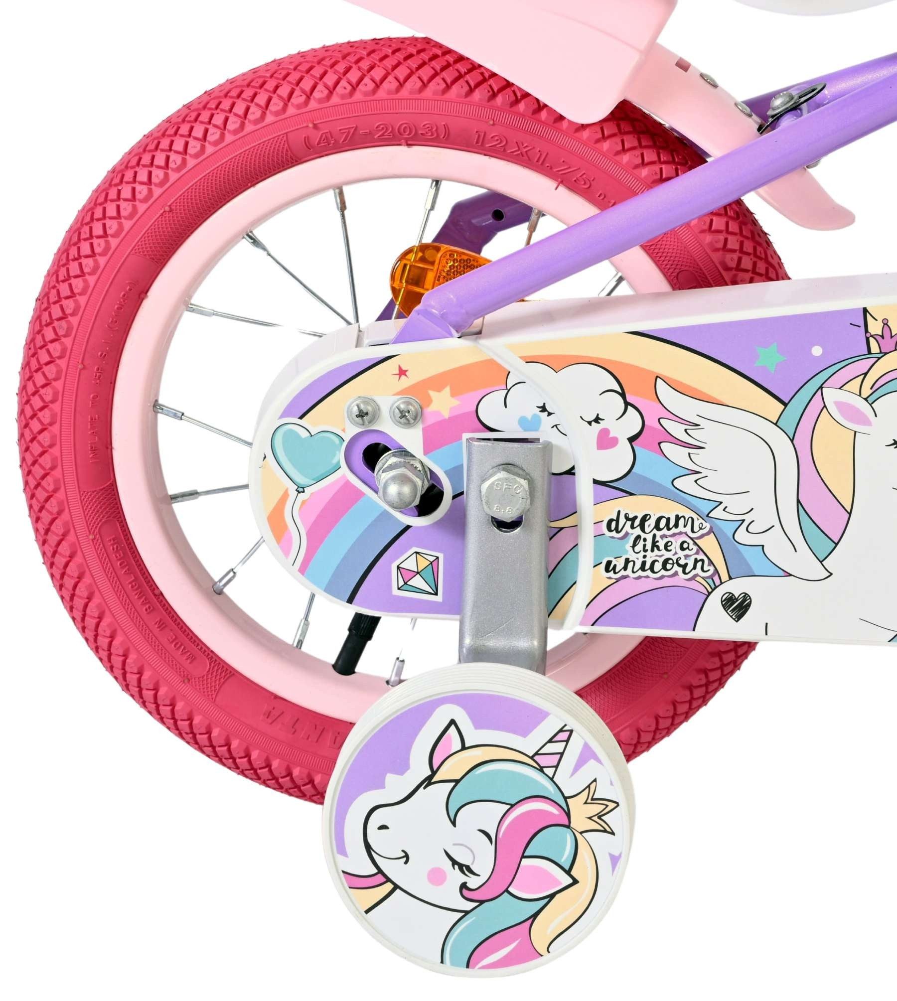 Volare Kinderfahrrad Unicorn Mädchen 12 Zoll – Lila - Hand- & Rücktrittbremse, Puppensitz, Geschlossener Kettenschutz, Reflektoren vorne, Luftreifen