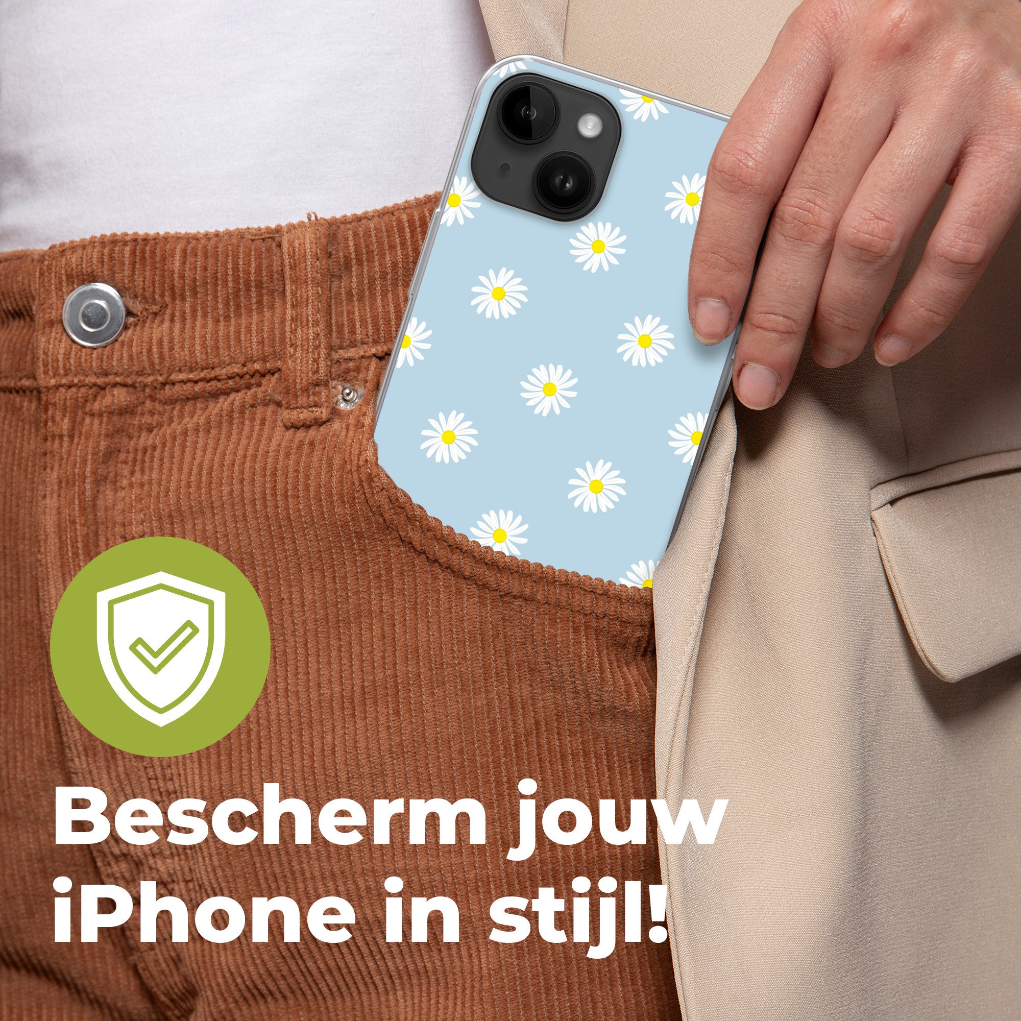 MuchoWow Handyhülle für Apple iPhone 14 Plus Gänseblümchen - Pastell - Weiß - Blau - Blume, Smartphone-Bumper, Print, Handy Schutzhülle Dünn