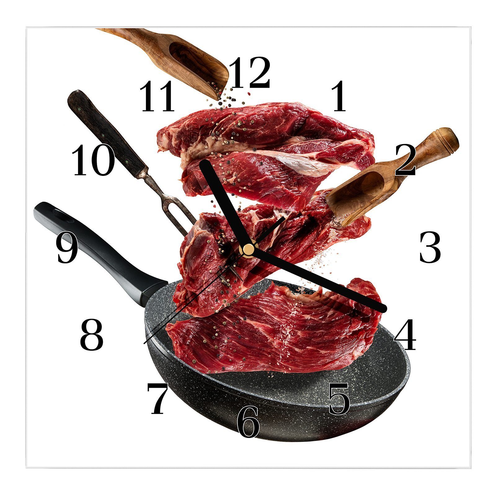 Primedeco Wanduhr Glasuhr Wanduhr Wandkunst auf Größe Steak 30 x mit Motiv 30 cm Pfanne