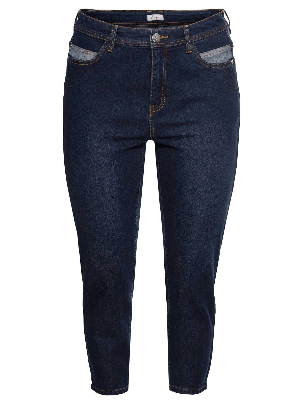Sheego Stretch-Jeans in blue 7/8-Länge, Stickerei Denim Größen dark Große mit vorn