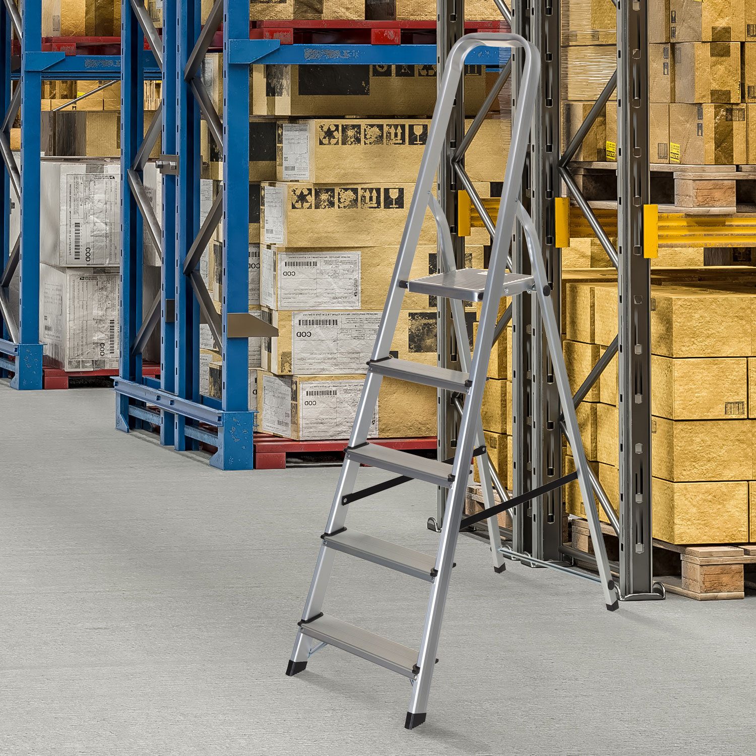 hjh OFFICE Trittleiter Klappleiter SOLID III Aluminium (1 St, 1-St), Leiter mit 5 Stufen, mit Sicherheitsbügel
