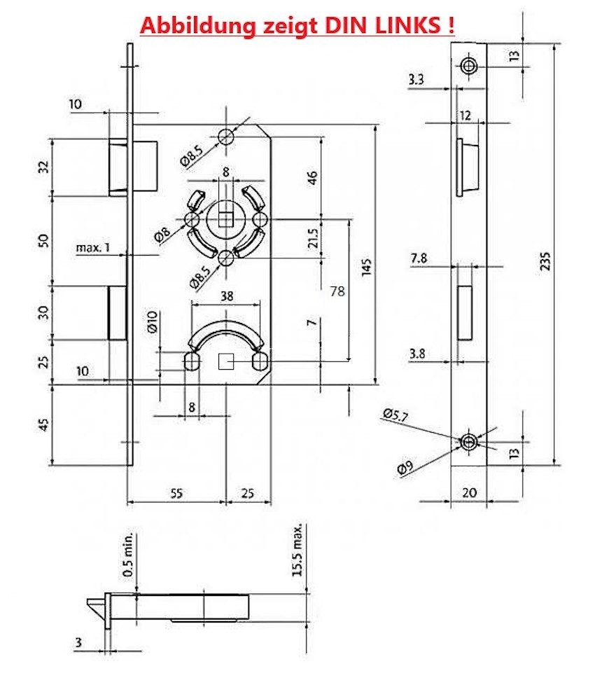 BKS Einsteckschloss Badschloss, DIN Rechts, 55/78/8, Stulp: eckig, 20 x 235mm, Dornmaß 55 mm, Badschloss