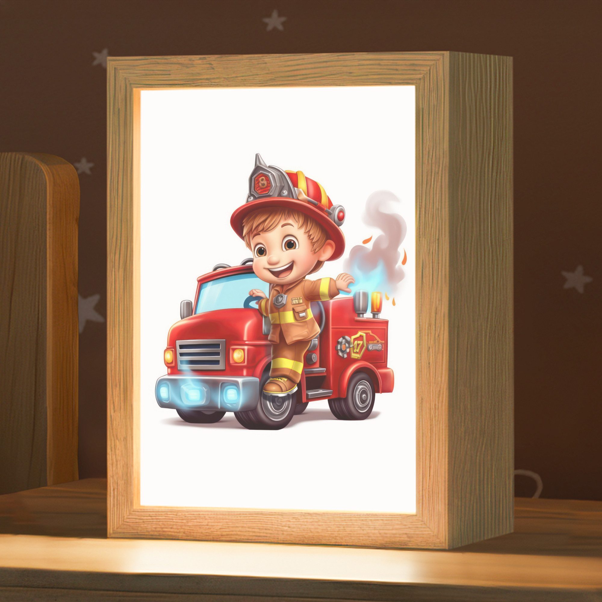 OnlyWow Nachttischlampe Lightbox Feuerwehrauto - Jungen - Kind - Rot, Dimmbar, Farbwechsel, LED, Warmweiß, Kaltweiß, Neutralweiß Einstellbar, Kinderzimmer, Babyzimmer, Dimmbar, mit Kabel, Nachtlampe, LED