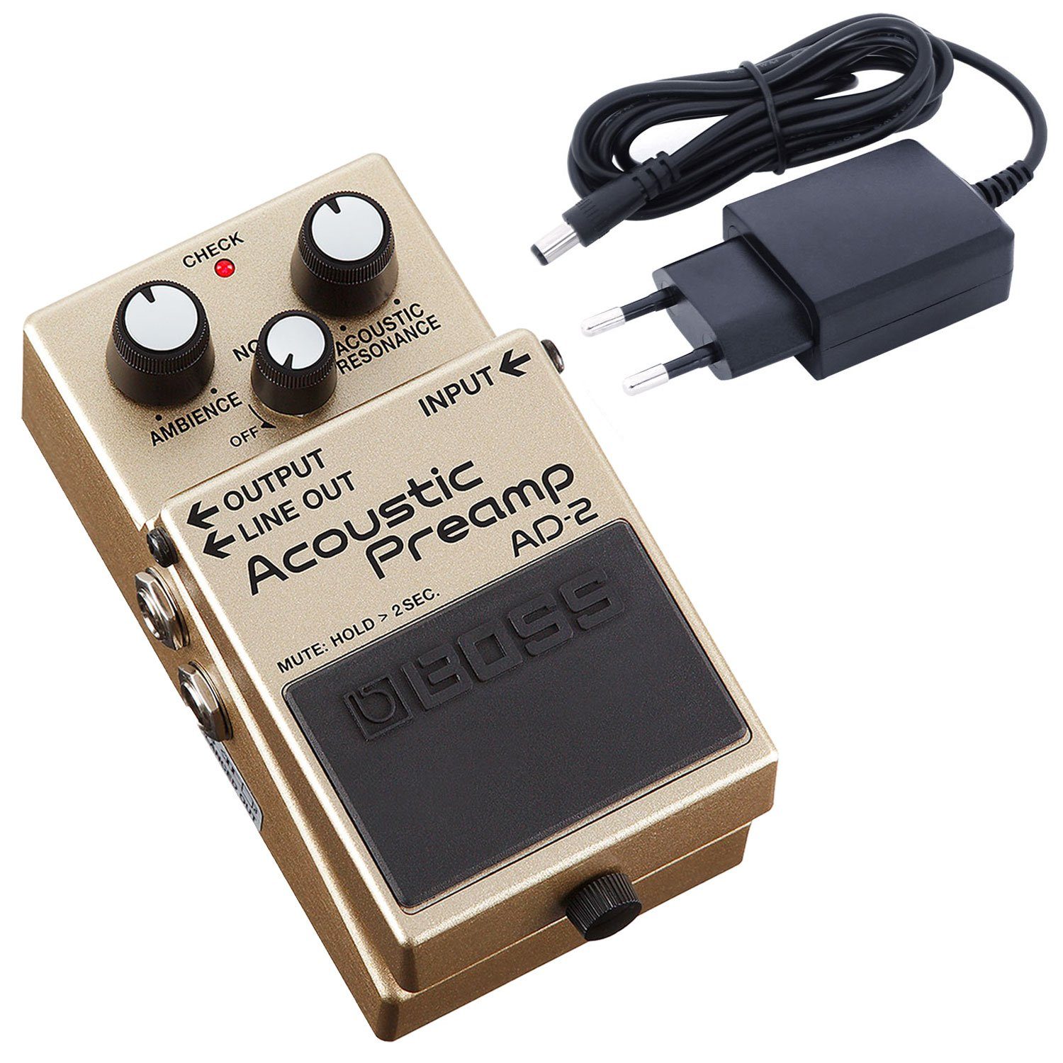 Boss by Roland E-Gitarre AD-2 Preamp für Akustik-Gitarre Effekt-Pedal, Bundle, mit Netzteil