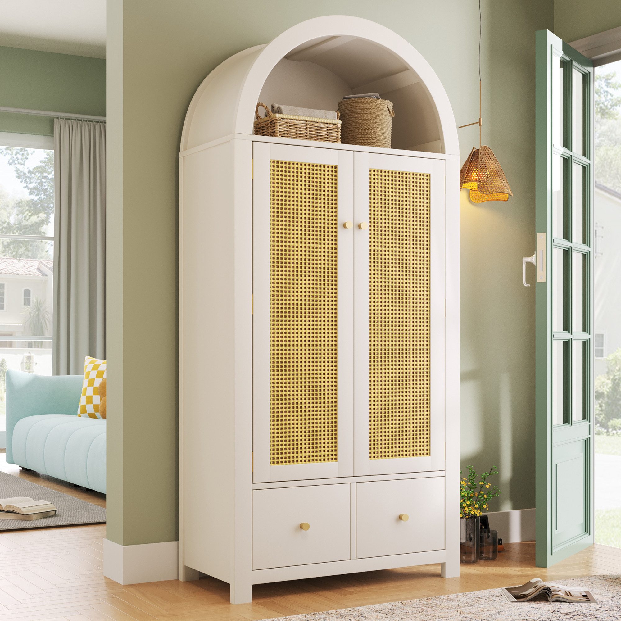 Odikalo Kleiderschrank Hochschrank Drehtürenschrank mit Rattan-Flechten (181x78x45 cm Landhausstil in Eicheoptik, offene halbrunde Ablage, 2 Türen mit Magnetverschluss, 2 Schubladen, Kleiderstange und Kippsicherung)