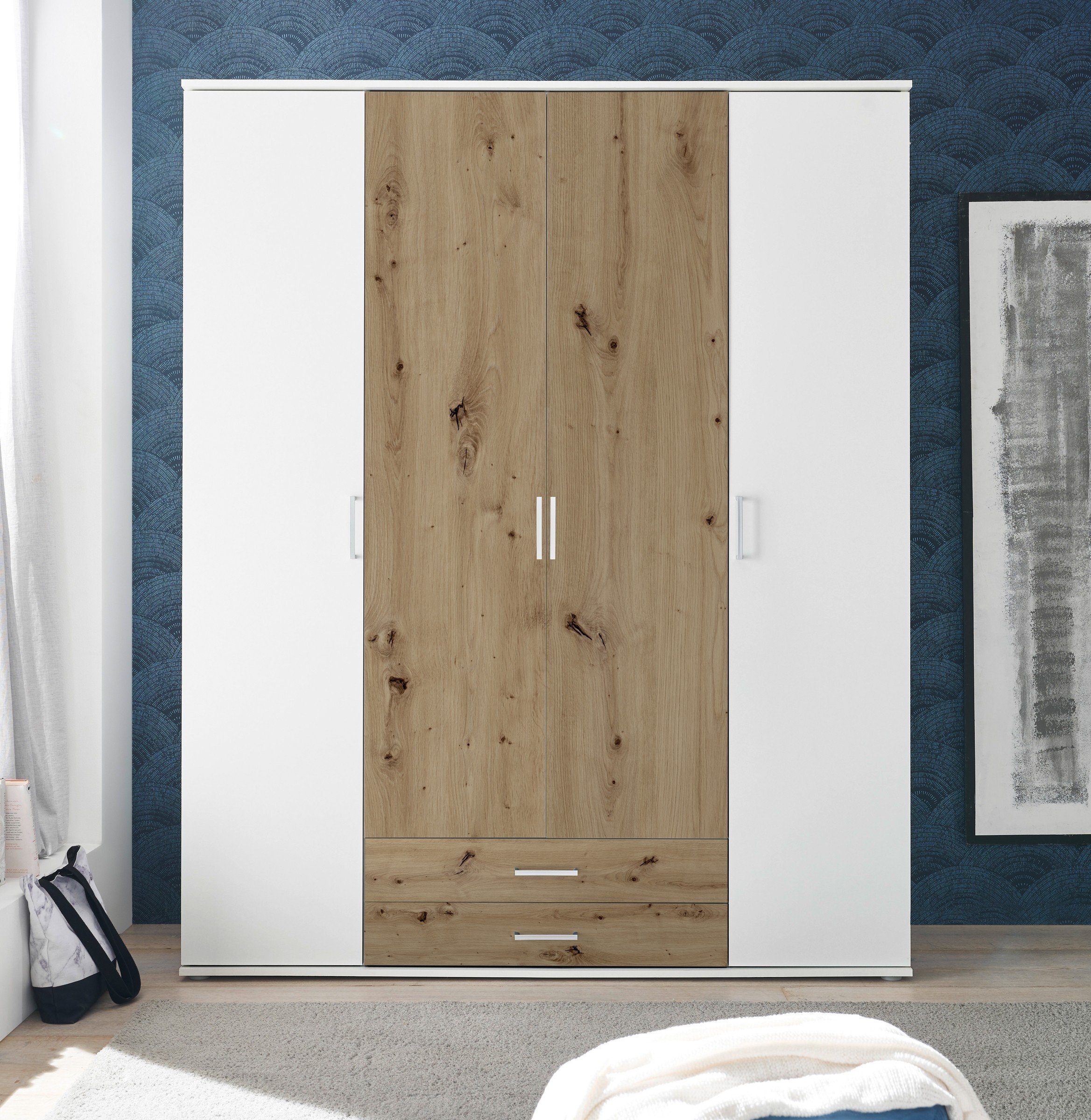 Pol-Power Kleiderschrank in Weiß / Artisan Eiche mit 2 Schubladen und 4 Türen (BxHxT: 160x196x54 cm)