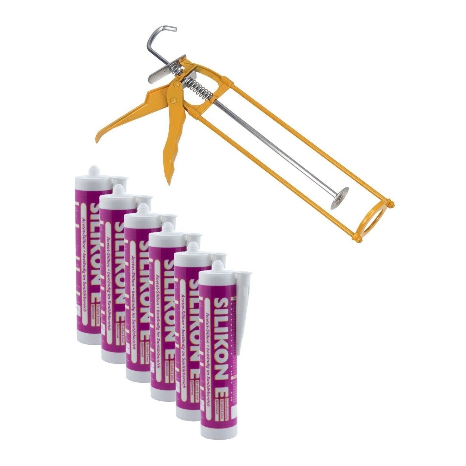 ARLI Silikon Kartuschenpresse aus Metall + 6x Silikon 310 ml Fugendicht, Silikon, Einsatzbereit, (6er, 6-tlg., Set), Dichtstoff für Bad Küche Fenster Abdichtung