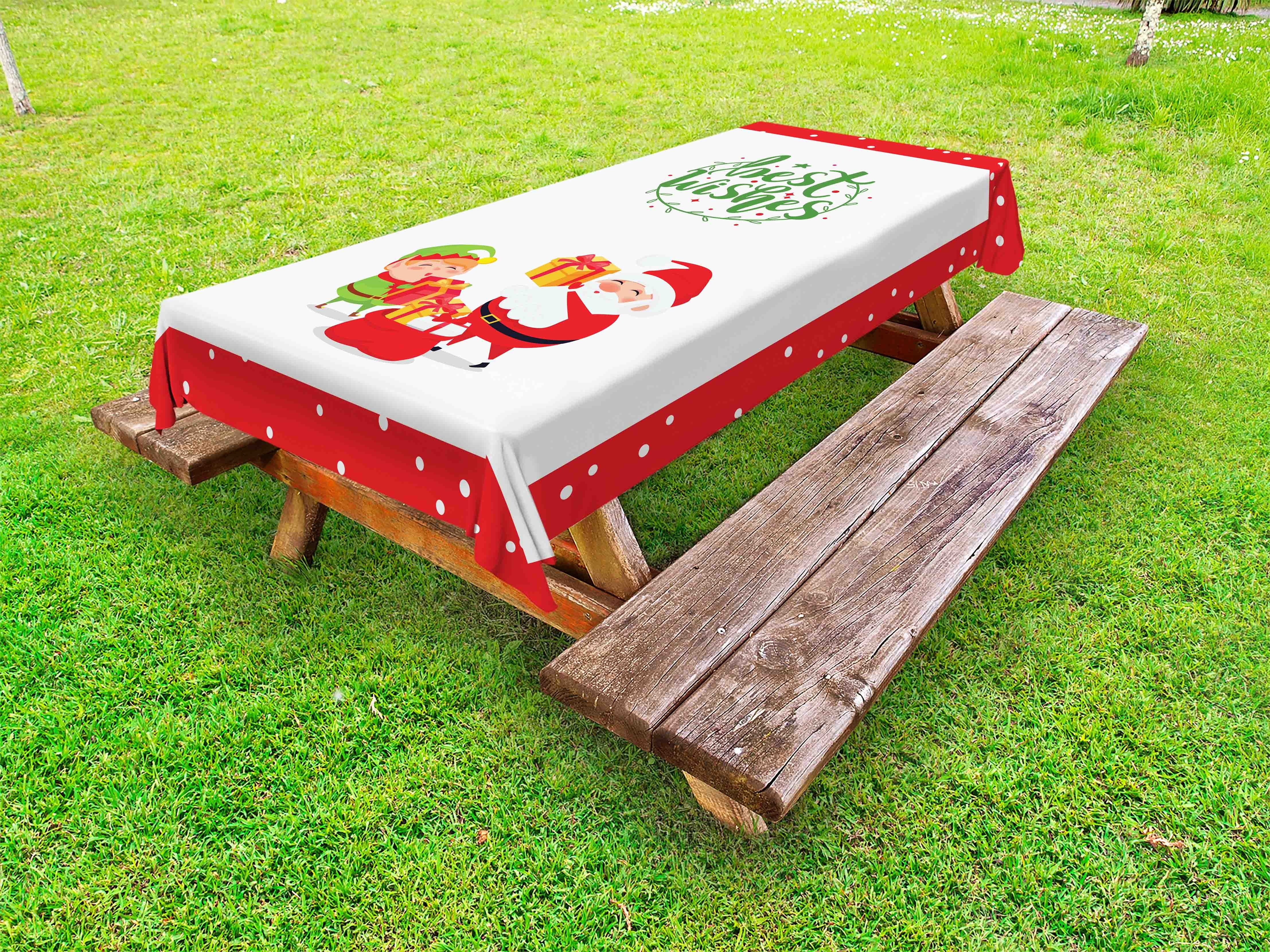 Abakuhaus Tischdecke dekorative waschbare Picknick-Tischdecke, Weihnachten Beste Wünsche Elf und Santa