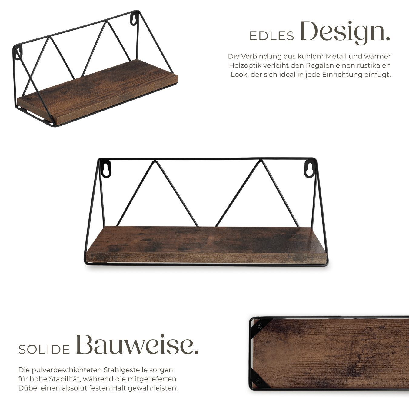 tectake Wandregal Ablageregal aus Holz und Stahl, Höhe 13 cm, Hängeregal Rockport 1-tlg., Industrial Style, Belastbarkeit je Regal 15 kg, einfache Montage