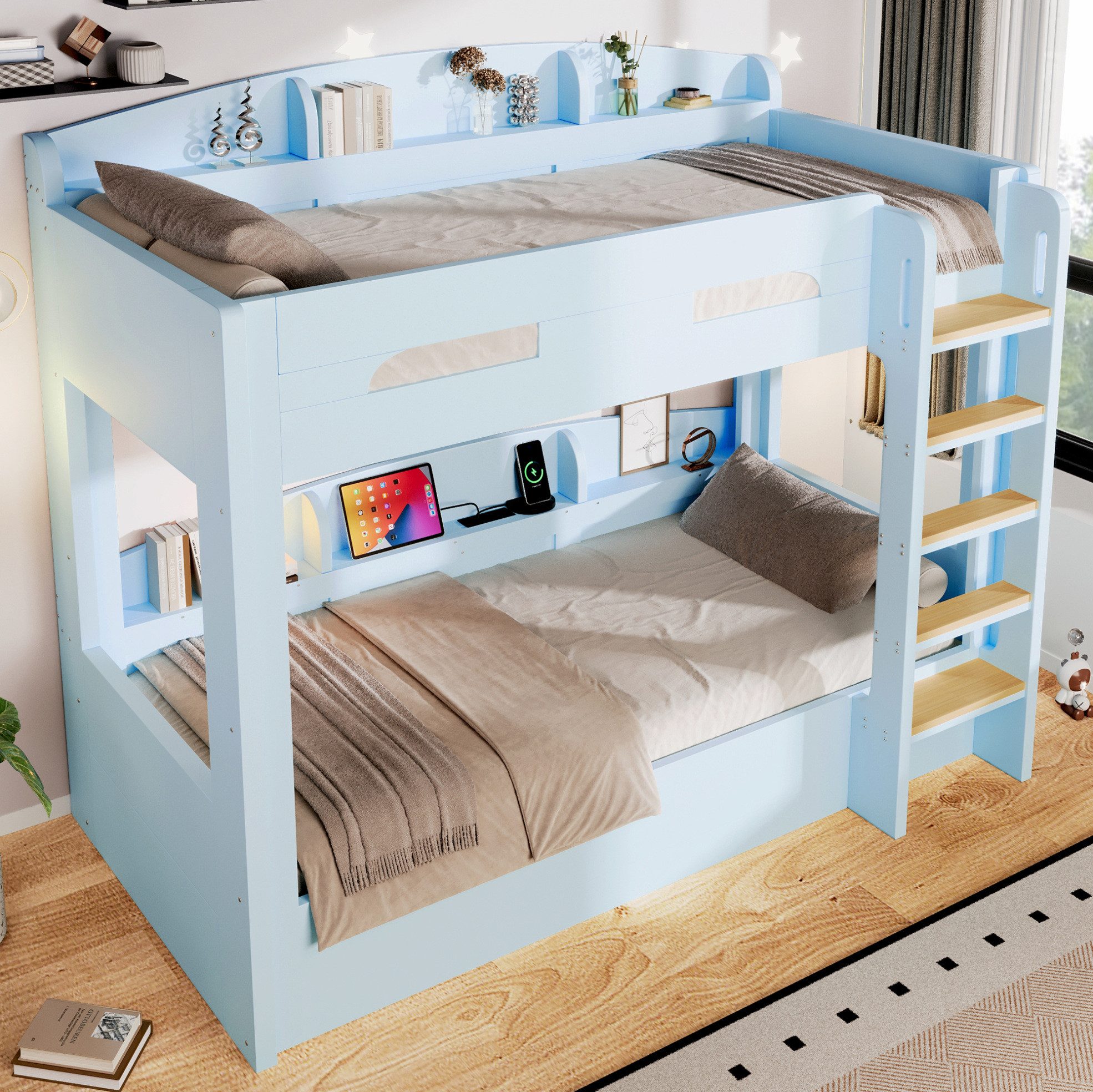 REDOM Hochbett Kinder Etagenbett mit Regalfächern und Stauraum (Packung, 3-St., Bettgestell mit USB Anschluss und Ablage für Bücher, mit Matratze) Schlafbett 90x200 cm Hellblau mit Unterbett Funktion