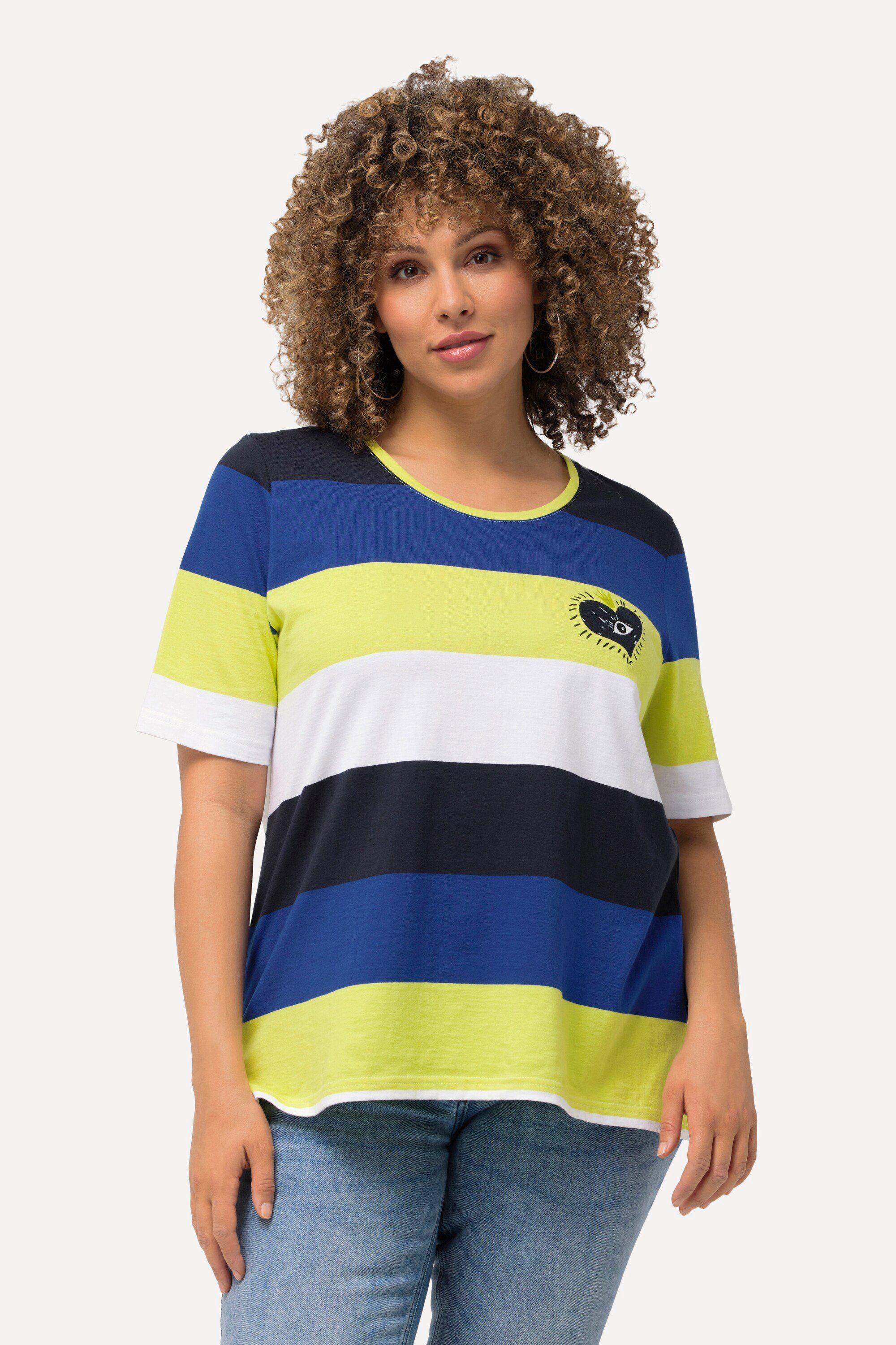Ulla Popken T-Shirt T-Shirt Ringel Herz-Stickerei Rundhals Halbarm
