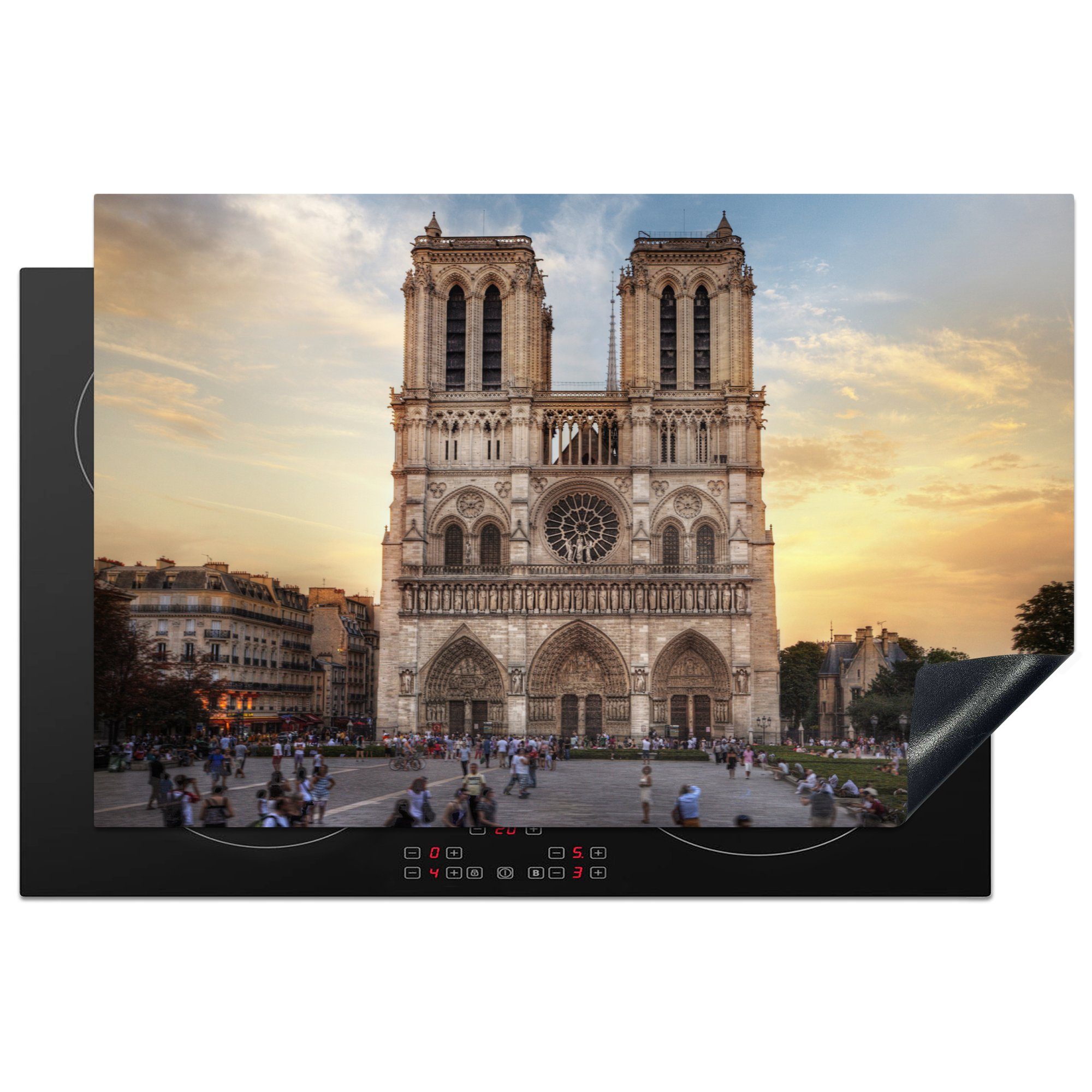 MuchoWow Herdblende-/Abdeckplatte Notre-Dame in Paris in der Abenddämmerung, Vinyl, (1 tlg), 81x52 cm, Induktionskochfeld Schutz für die küche, Ceranfeldabdeckung
