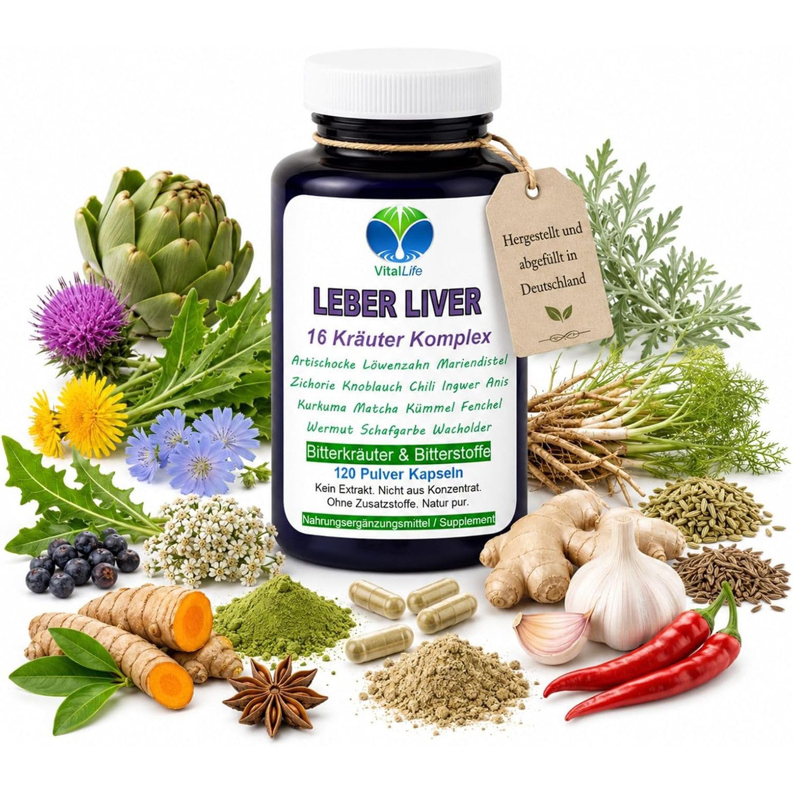VitalLife LeberLiver 16 Kräuter & Bitterstoffe Komplex - Ohne Zusatzstoffe - Kapseln, 1 er Dose à 120 St., 57 g, Art. 26555-120