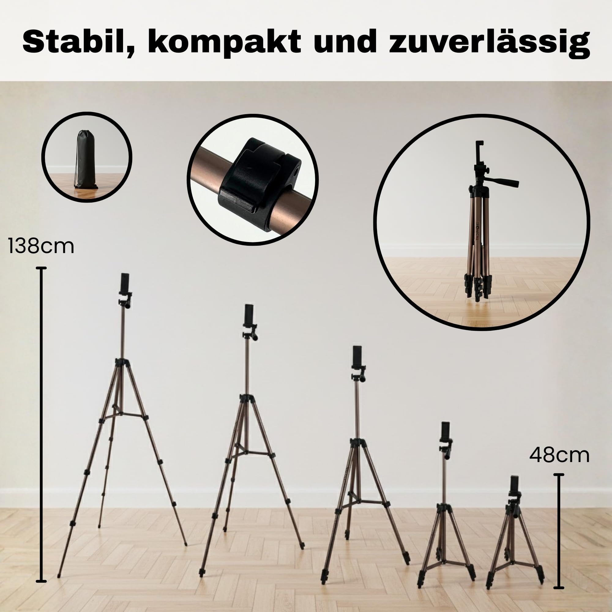 TronicXL Smartphone Stativ 138cm groß Kamerastativ Handy passend für iPhone Dreibeinstativ (Halterung Selfie Video Foto)