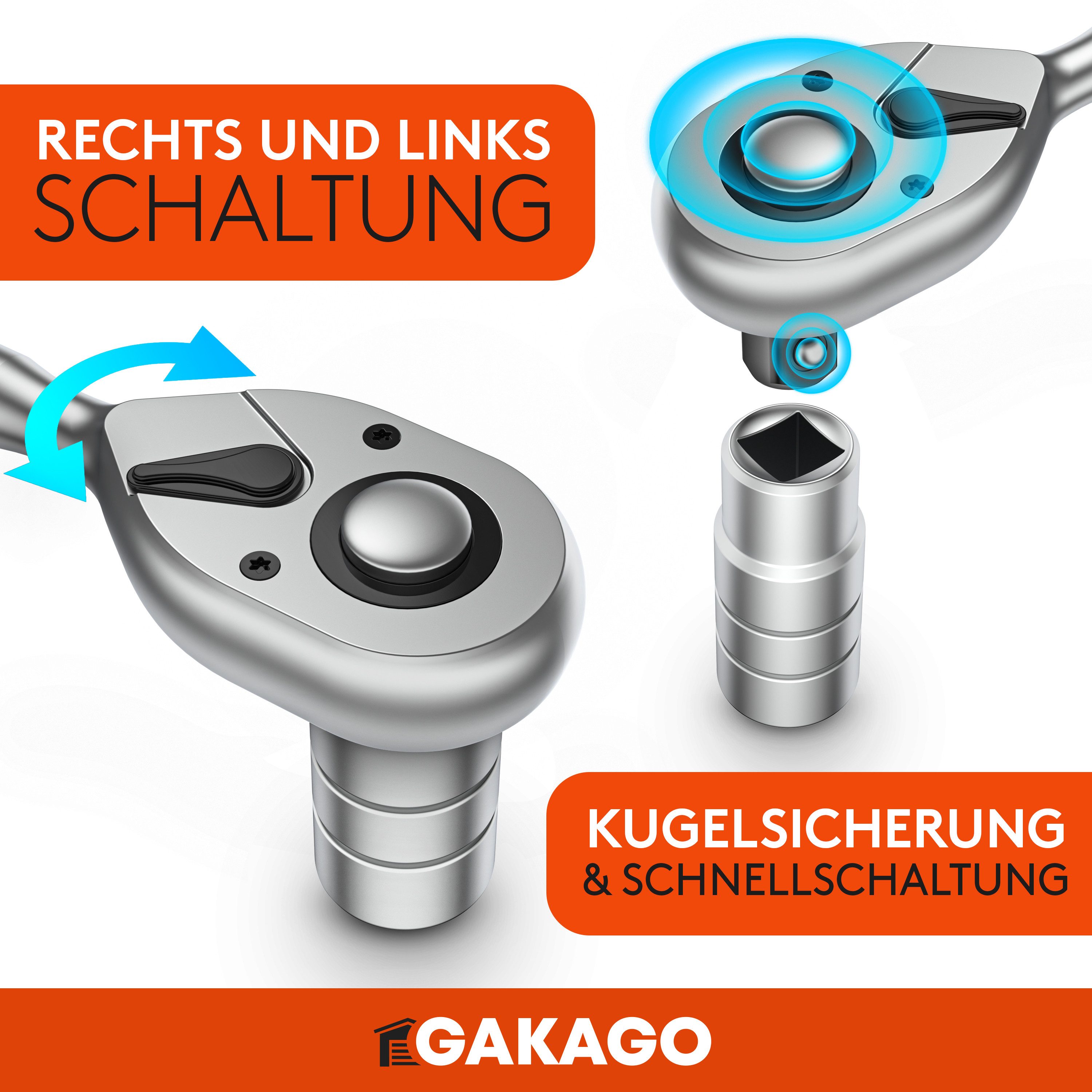 Gakago Telescopic Ratchet (1/2 inch up to 60cm, - Extra long reversible ratchet with ergonomic handle), - Superior power with over 615 Nm and precise 72 fine-tooth gears