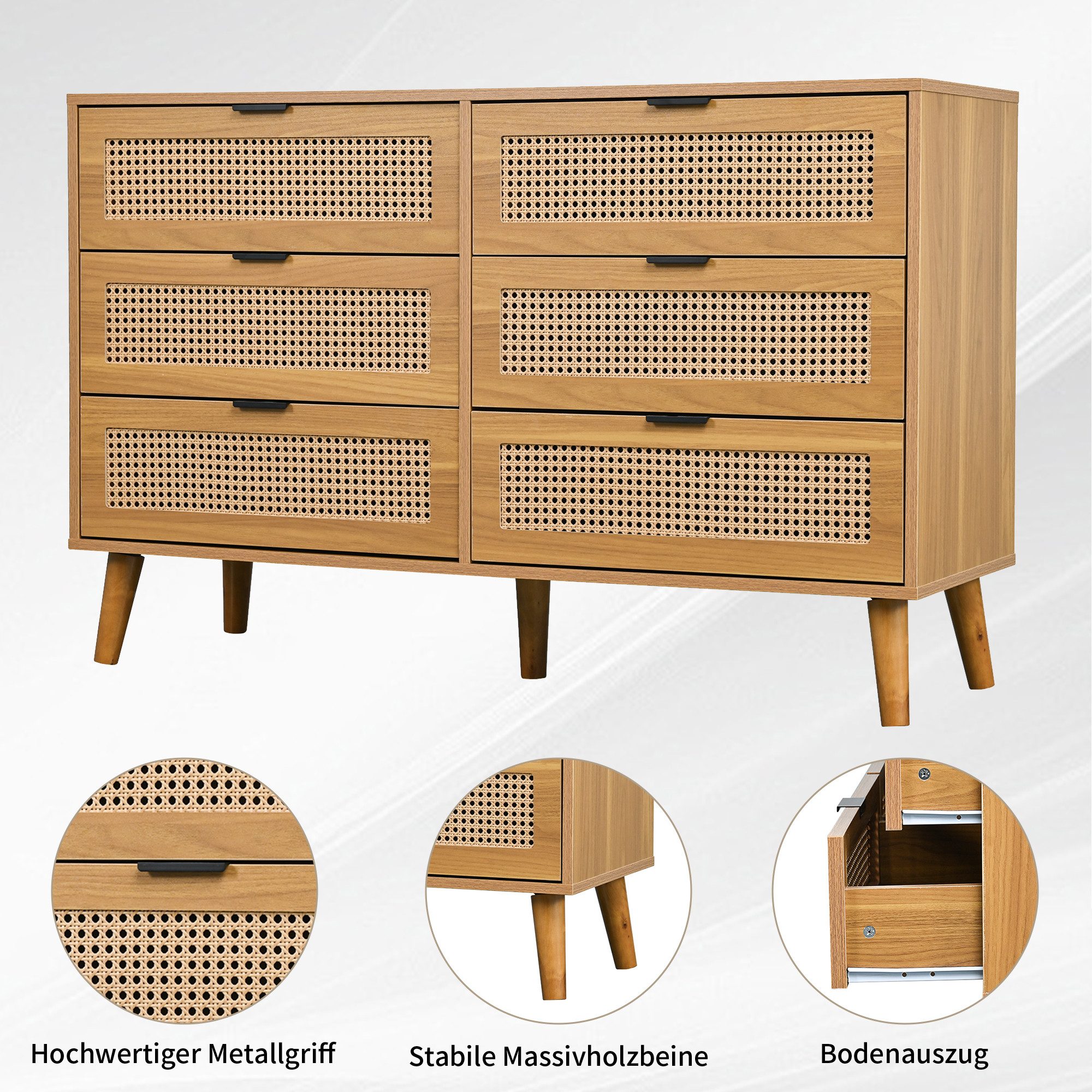 Merax Kommode mit 6 Schubladen, Schubkastenkommode,Sideboard Rattan geflecht,Massivholzbeine,B:120cm