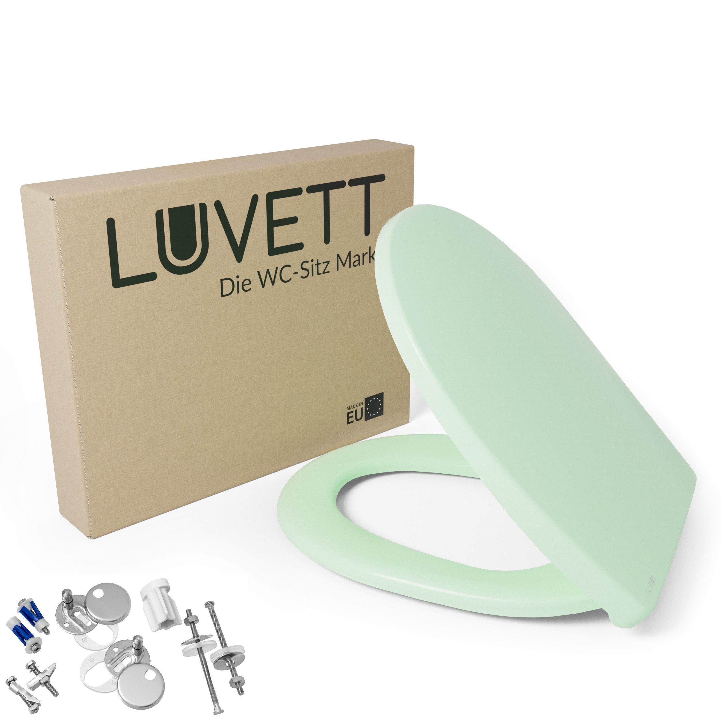 LUVETT WC-Sitz C100 mit Absenkautomatik, Duroplast sanitär, Universelle O-Form (Komplett-Set, Inklusive 3 Befestigungsarten), mit Original SoftClose® Absenkautomatik, Duroplast