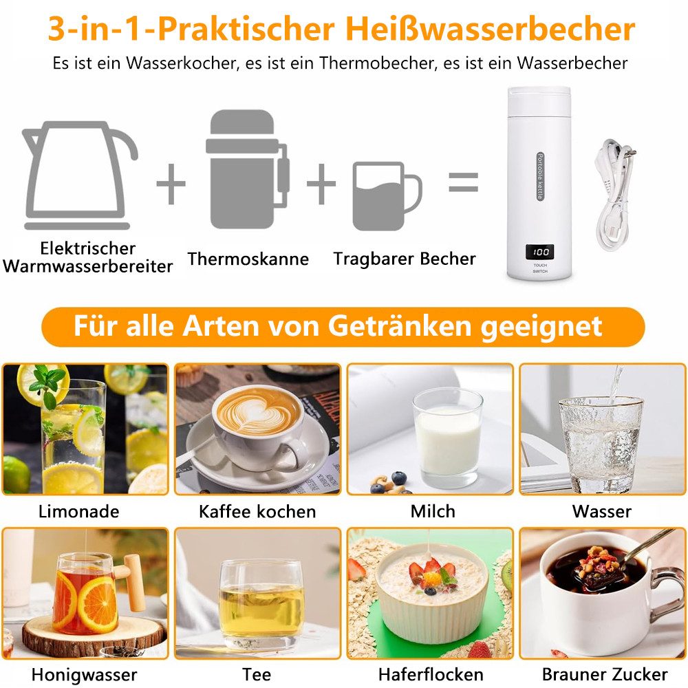 TUWENA Wasserkocher Elektrischer Wasserkocher Klein 500ML, 3 in 1 Elektrische Wassertasse, Heizbecher mit Temperatureinstellung für Reise mit Bürsten und Tasche – Bild 4 von 5