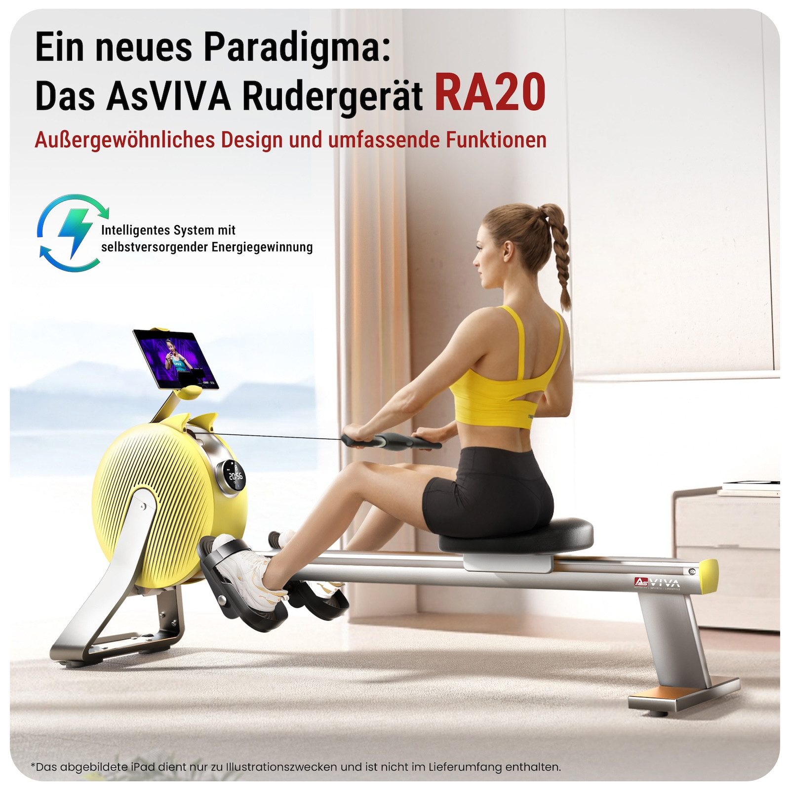 AsVIVA Rudergerät RA20 – leise Magnetbremse, Bluetooth App, Heimtrainer Zuhause, Automatische Widerstandssteuerung, 32 Stufen, stromlos