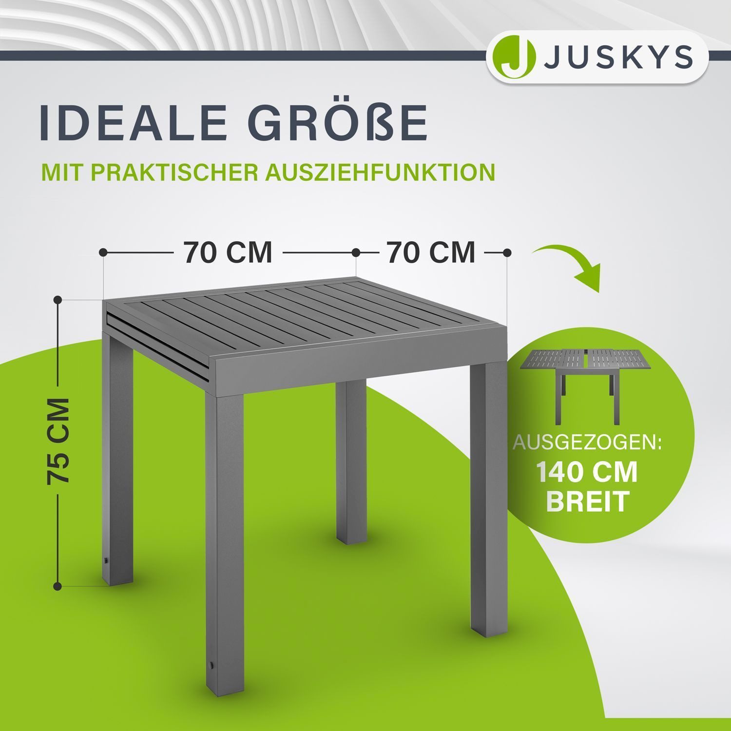 Juskys Gartentisch Laki, 70x70 cm, Aluminium Esstisch zum Ausziehen, Balkonmöbel, Gartenmöbel