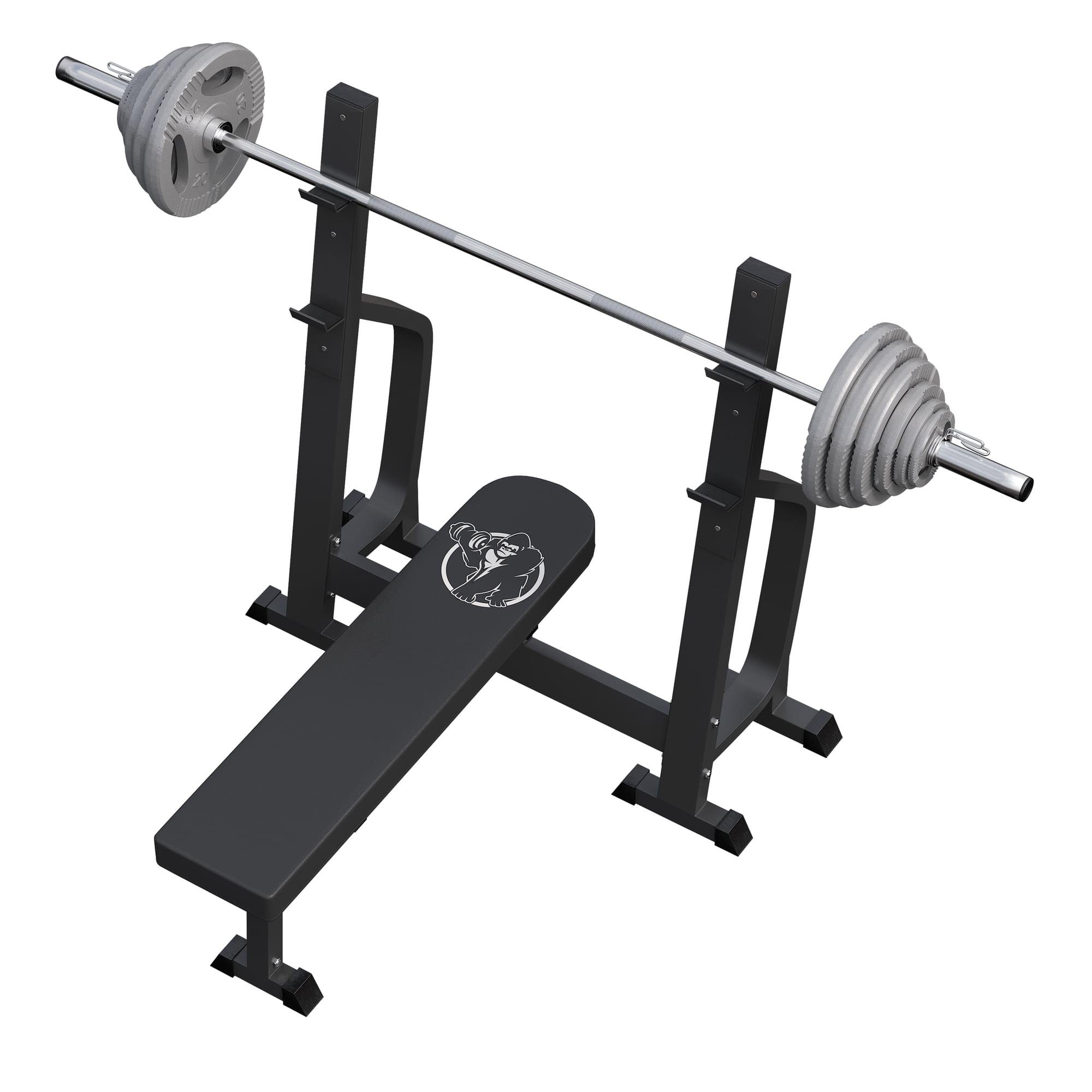 GORILLA SPORTS Hantel-Set Hantelbank mit 2 Ablagen inkl. Langhantel Set Olympia 130 kg