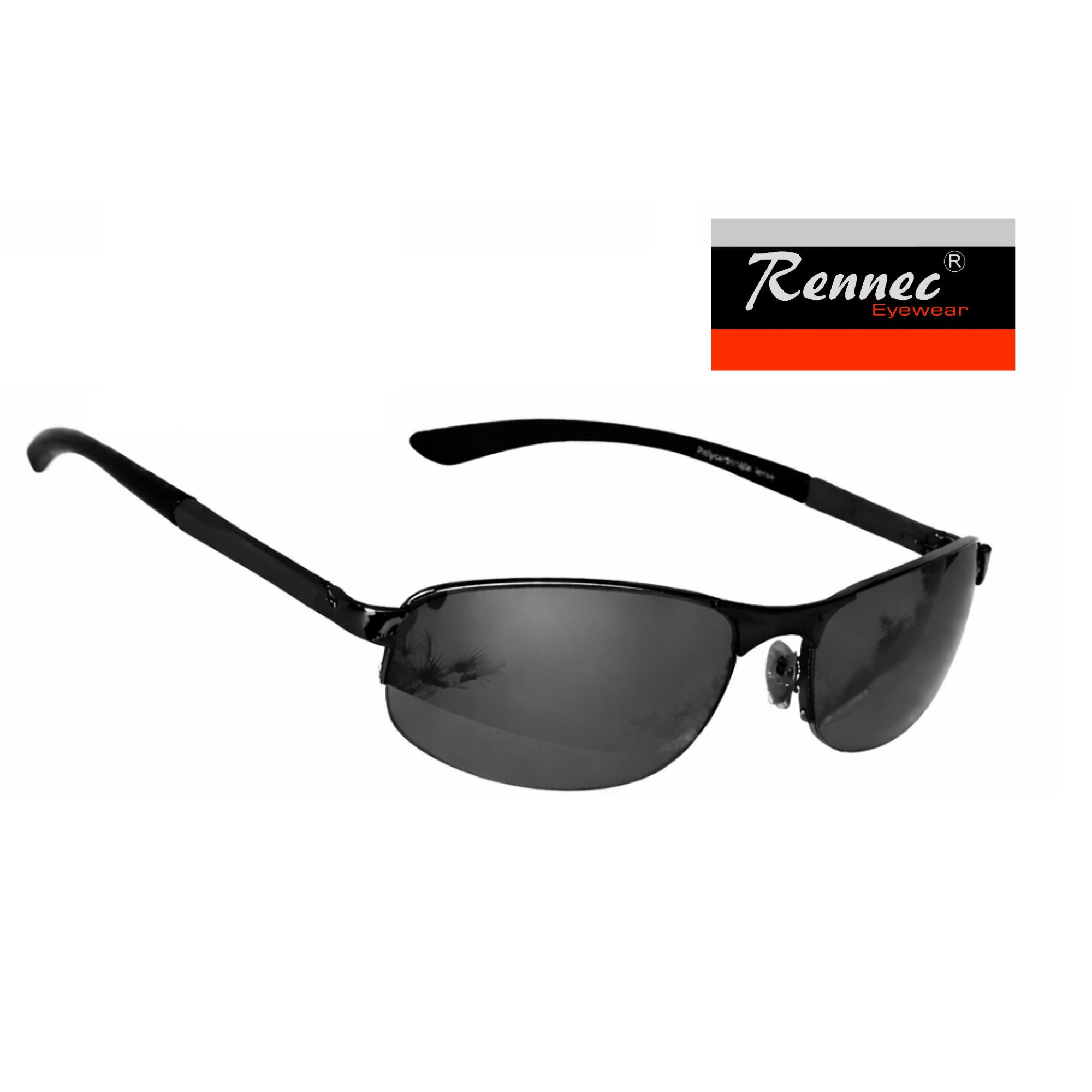 Rennec Sonnenbrille (Herren Markenbrille Schwarz mit Brillenbox) Schmale Edelstahl Brille mit Federscharniere an den Bügeln