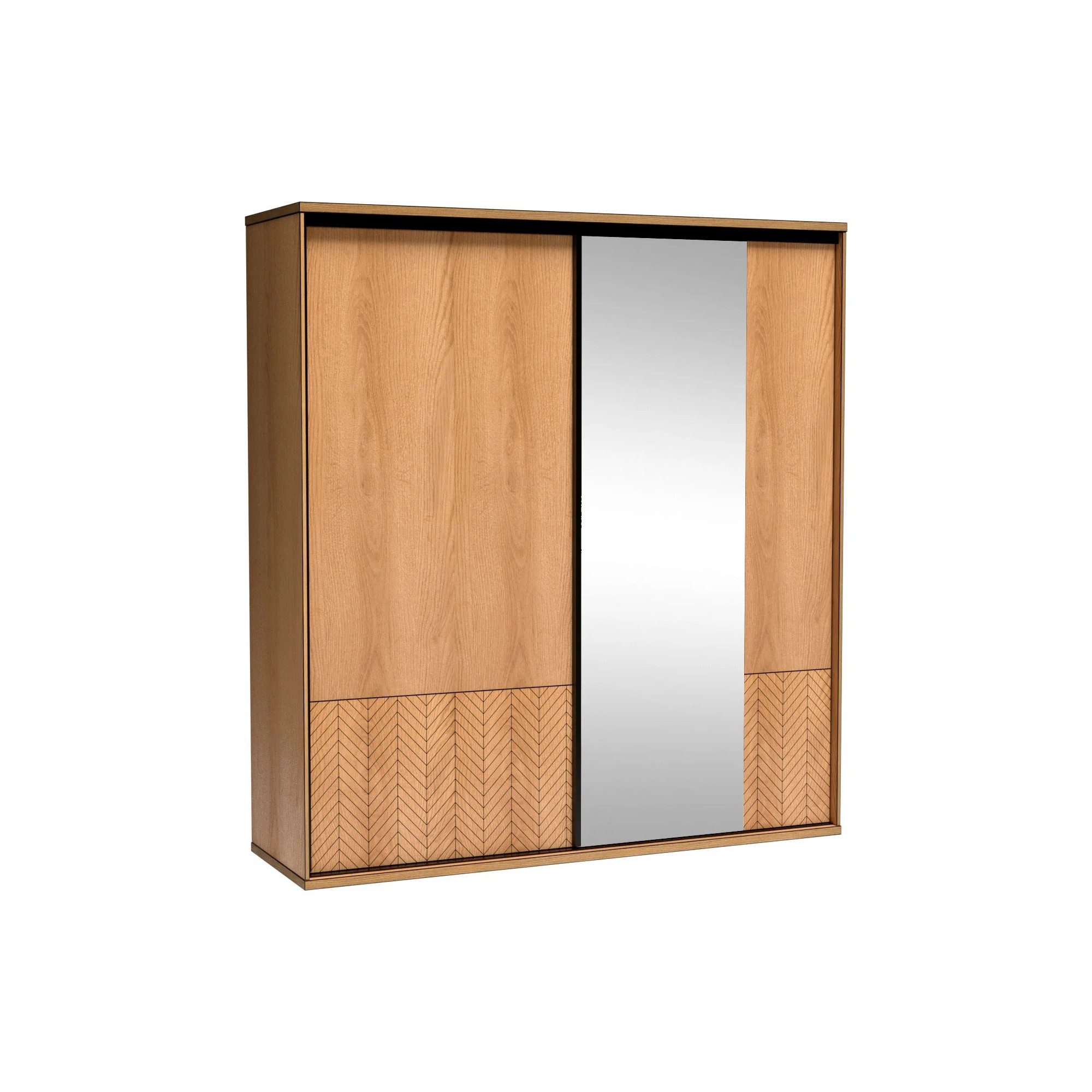 Raumhirsch Furniture Kleiderschrank Garderobenschrank, Schrank mit Spiegel, Schwebetürenschrank (Maße: 199 x 60,2 x 216 cm (Schiebetüren, Kleiderstange, Einlegeböden) Fischgrät-Front, Eiche-Caramel-Dekor, natürliche Optik