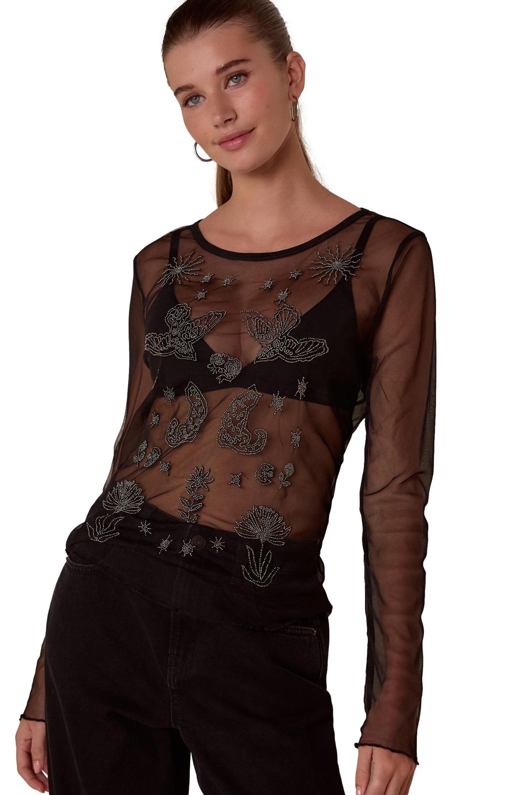 Blusenshirt Langarmoberteil aus Mesh mit Perlchen