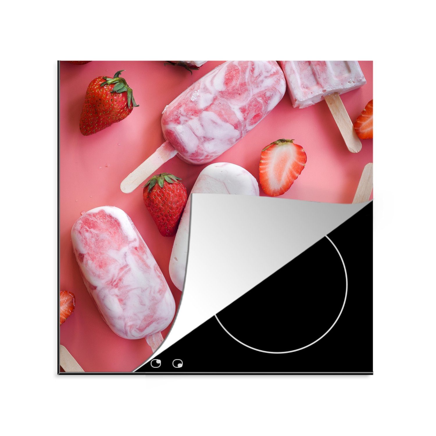 MuchoWow Herdblende-/Abdeckplatte Eis am Stiel mit Erdbeeren, Vinyl, (1 tlg), 78x78 cm, Ceranfeldabdeckung, Arbeitsplatte für küche