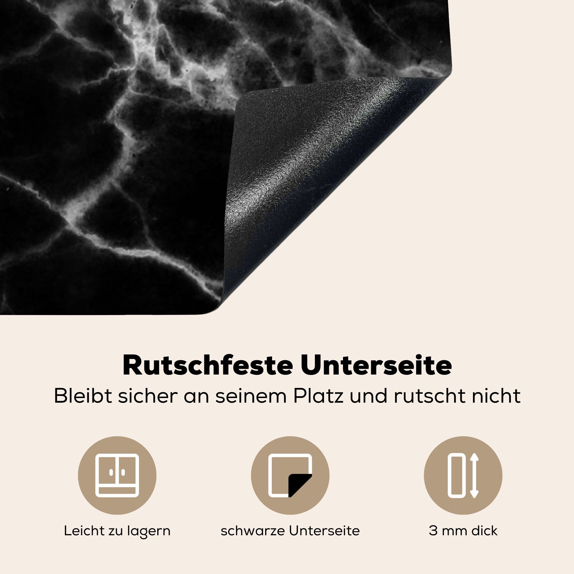 küche cm, 78x78 Herdblende-/Abdeckplatte Chic, Schwarz für MuchoWow Ceranfeldabdeckung, tlg), - - Marmor Weiß Vinyl, Arbeitsplatte (1 -