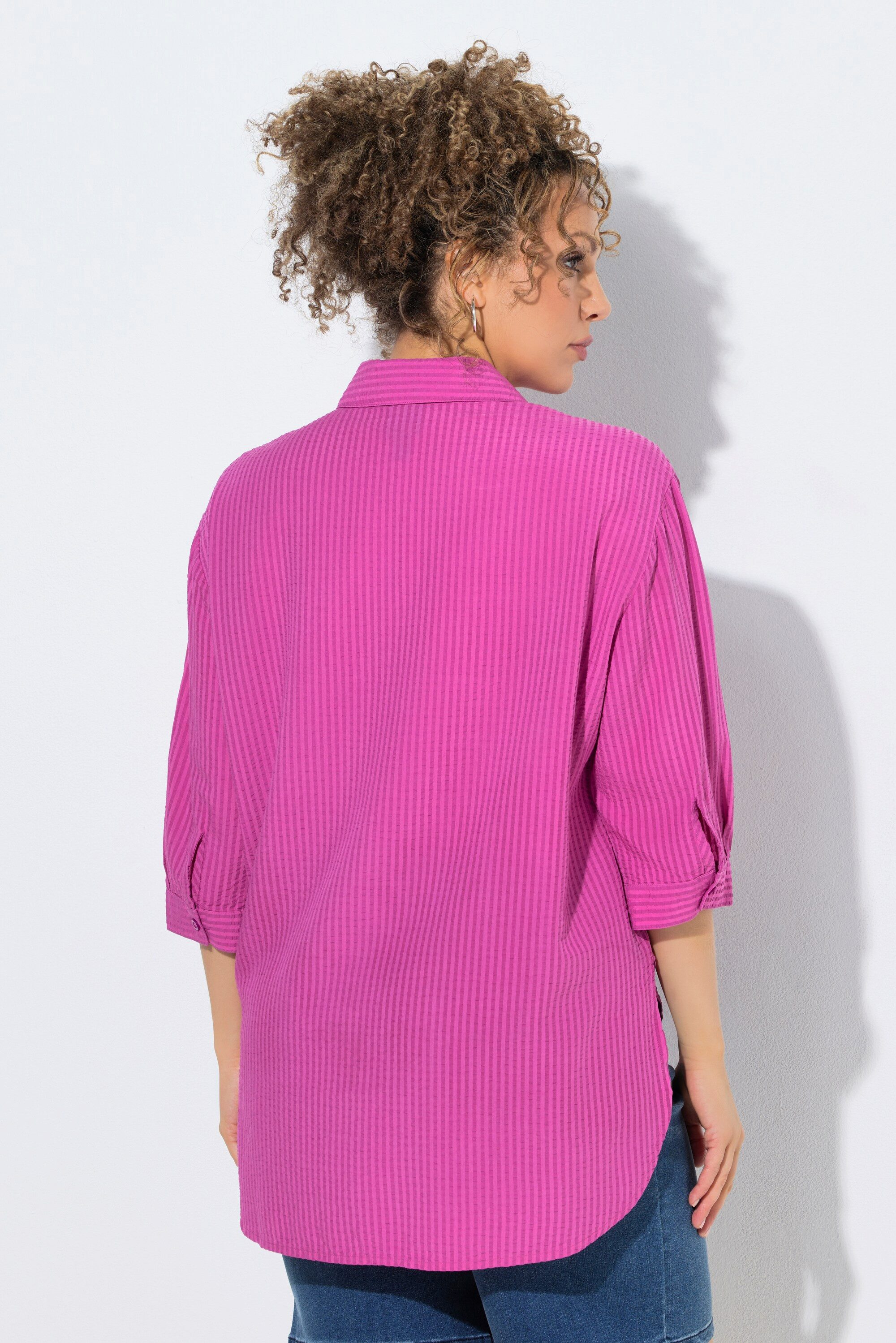 Ulla Popken Hemdbluse Hemdbluse Seersucker Stickerei Hemdkragen 3/4-Arm