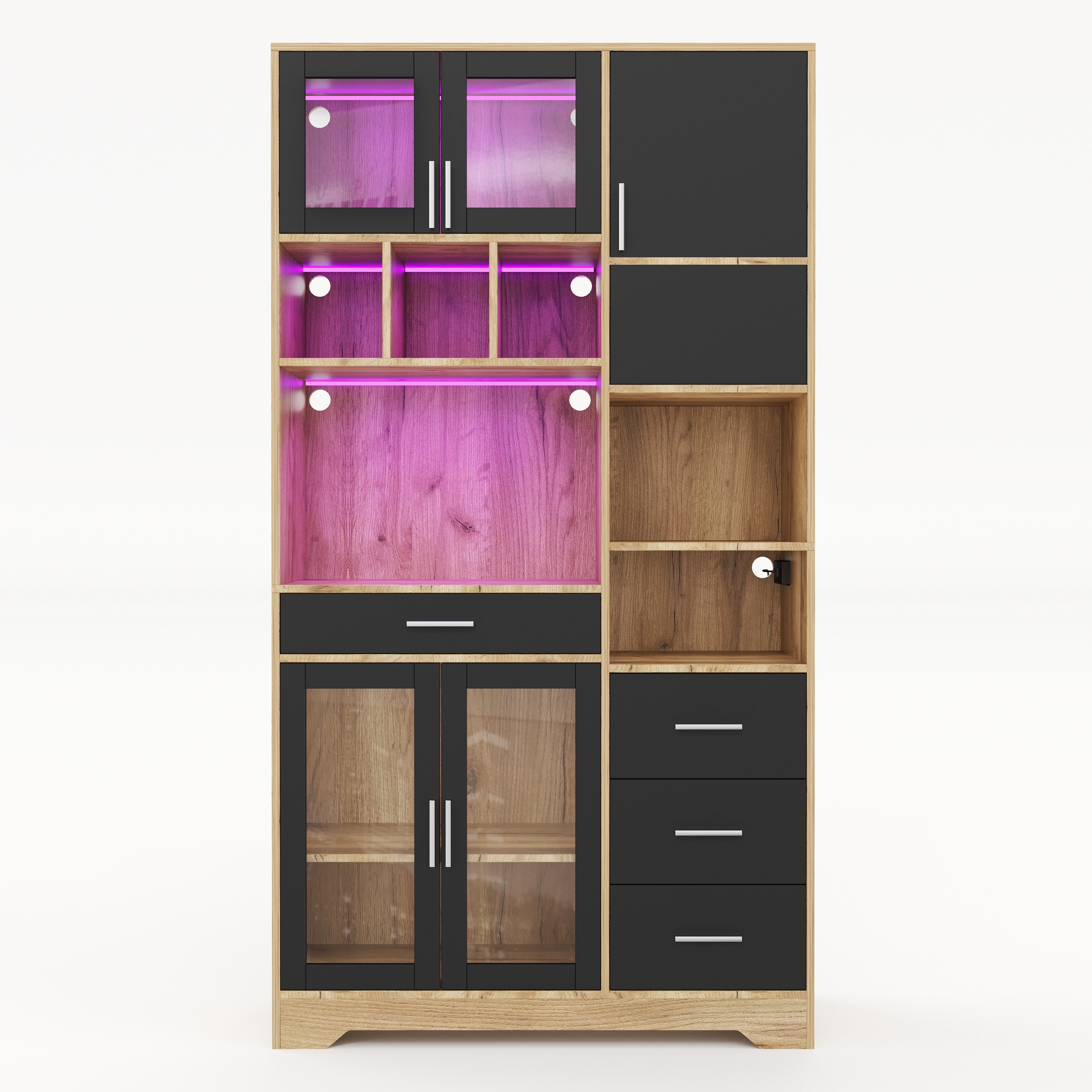 Flieks Küchenbuffet mit LED-Beleuchtung, Steckdosen und verstellbarer Regalen (1-St., 100x40x185 cm) Hochschrank Küchenschrank Geschirrschrank mit Schubladen und Glastüren
