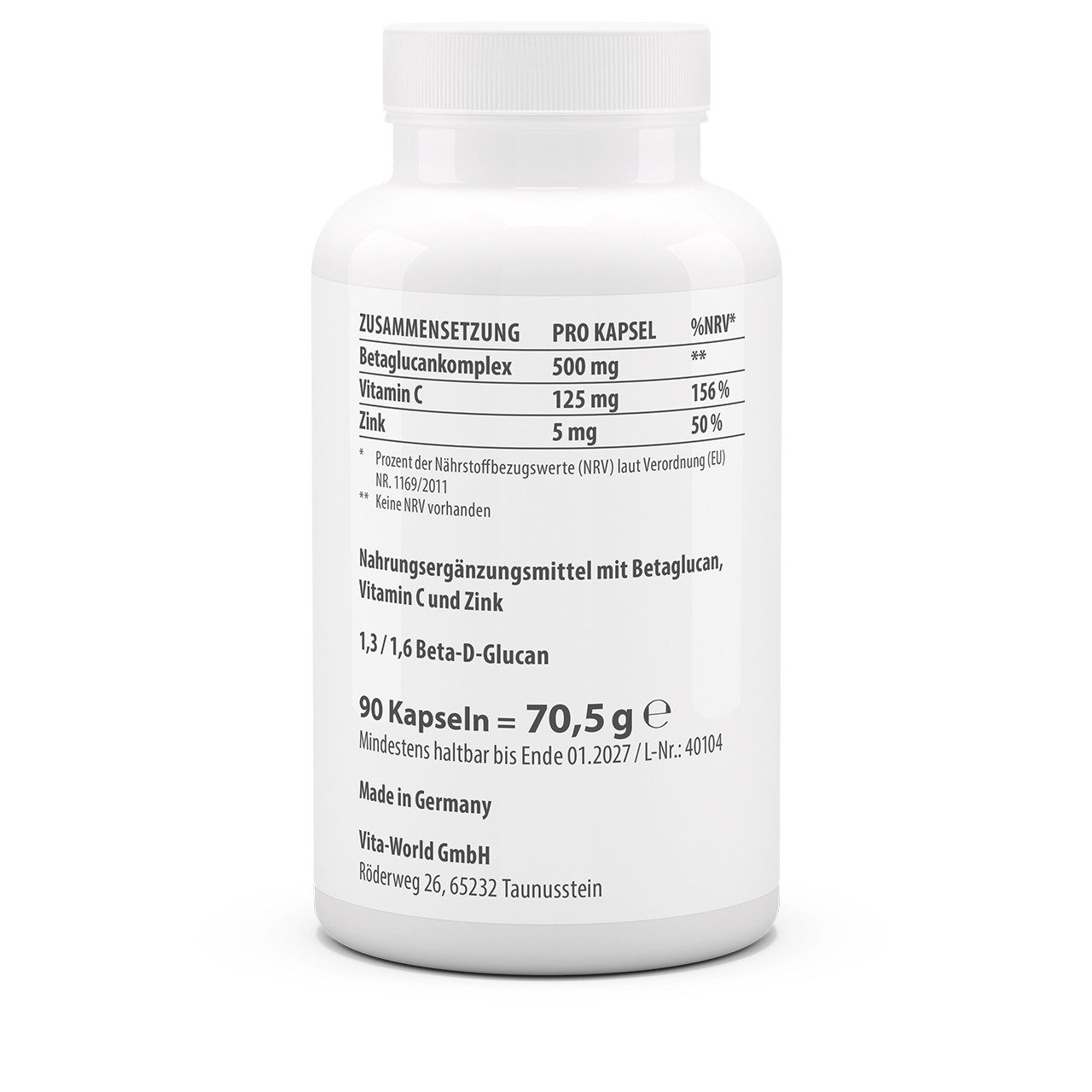 vitaworld Betaglucan 500 mg - aus Reinzuchthefe - mit Vitamin C und Zink Kapseln, 90 St., 70.5 g