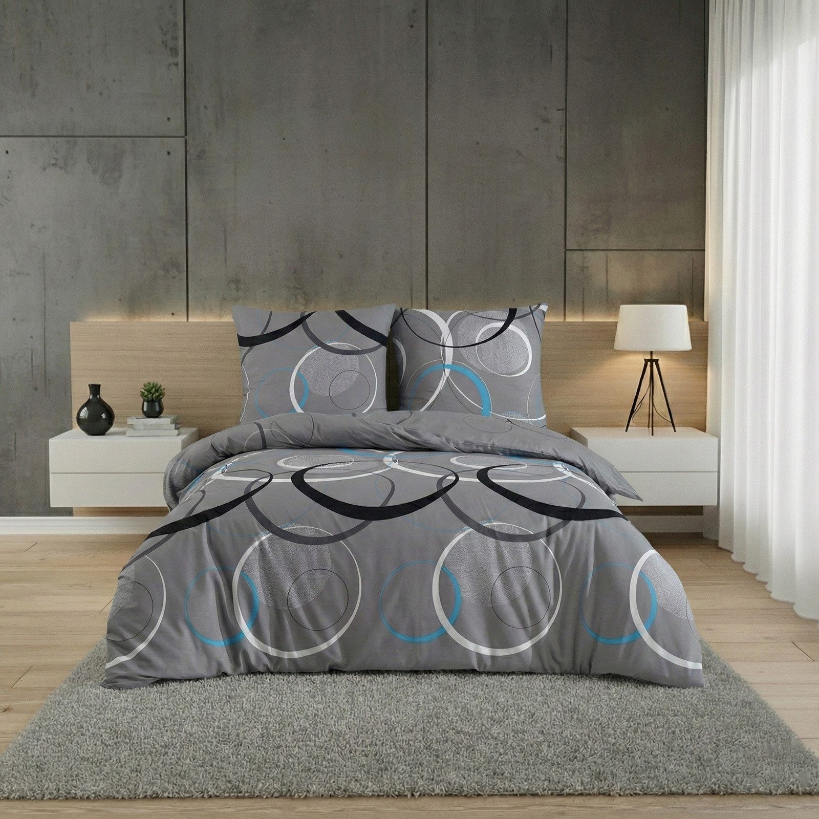 Buymax Bettwäsche Wave, Bettgarnitur, Bettbezug Set, 100% Baumwolle, Biber, 2 teilig, mit Reißverschluss, Flanell, Kreise, Grau, 135x200 cm
