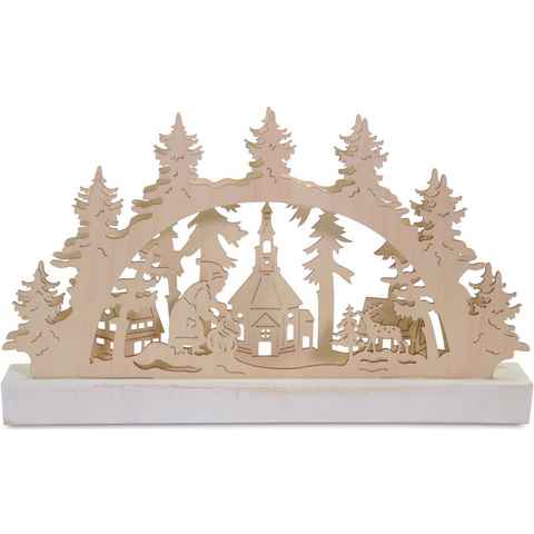 RIFFELMACHER & WEINBERGER LED Schwibbogen Winterwald, Weihnachtsdeko, Lichterbogen mit Tannen, Timerfunktion, aus Holz, Breite 30 cm