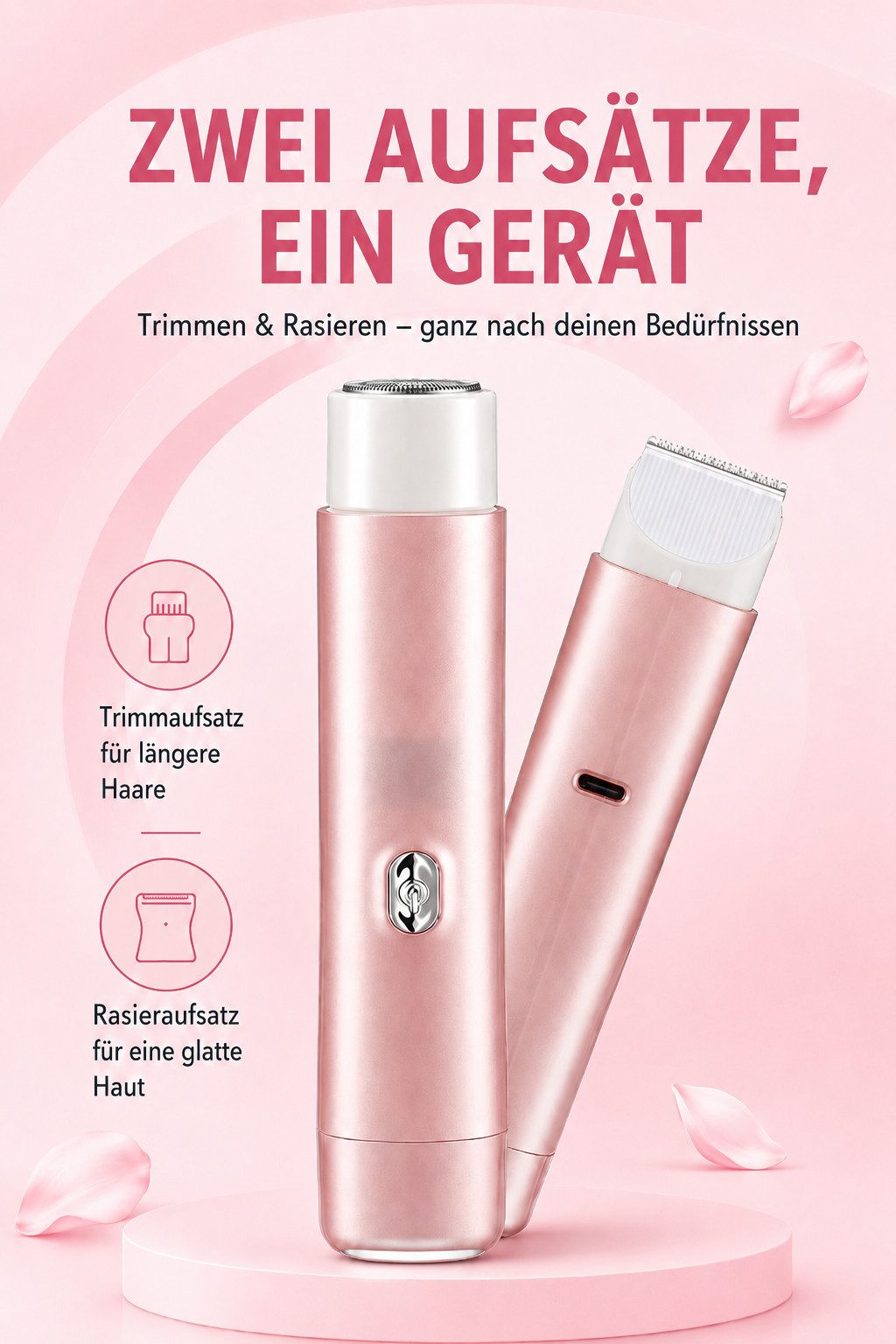 Luckice Elektrokörperrasierer Elektrischer Bikinitrimmer, 2-in-1 Damenrasierer mit 2 Scherköpfen, Aufsätze: 5, Trimmer + Folienrasierer, USB-C, LED-Akkuanzeige, – Bild 4 von 5