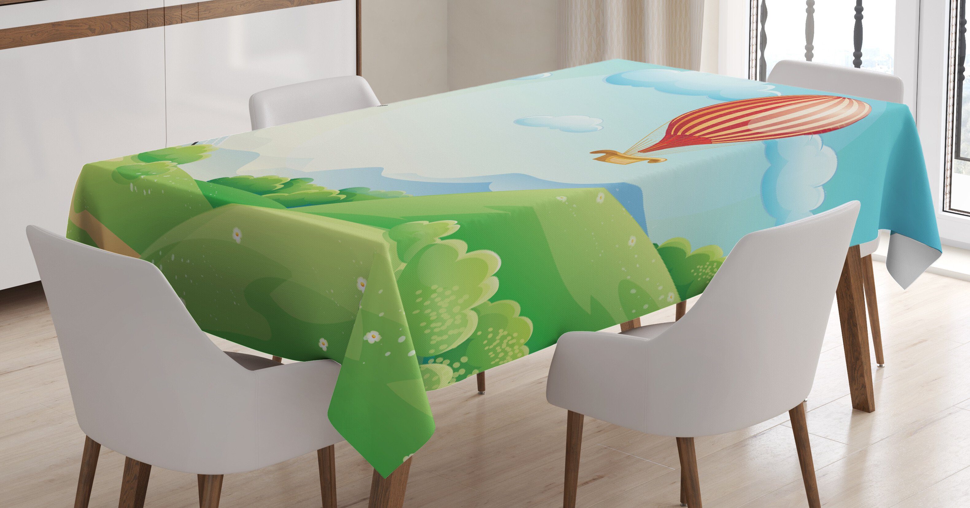 Abakuhaus Tischdecke Farbfest Waschbar Für den Außen Bereich geeignet Klare Farben, Gras Mühle Heißluft-Ballon Entwurf