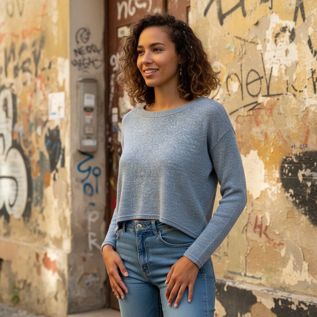 Guru-Shop Longsleeve Kurzer Pullover, Boho Feinstrick Shirt - blau alternat günstig online kaufen