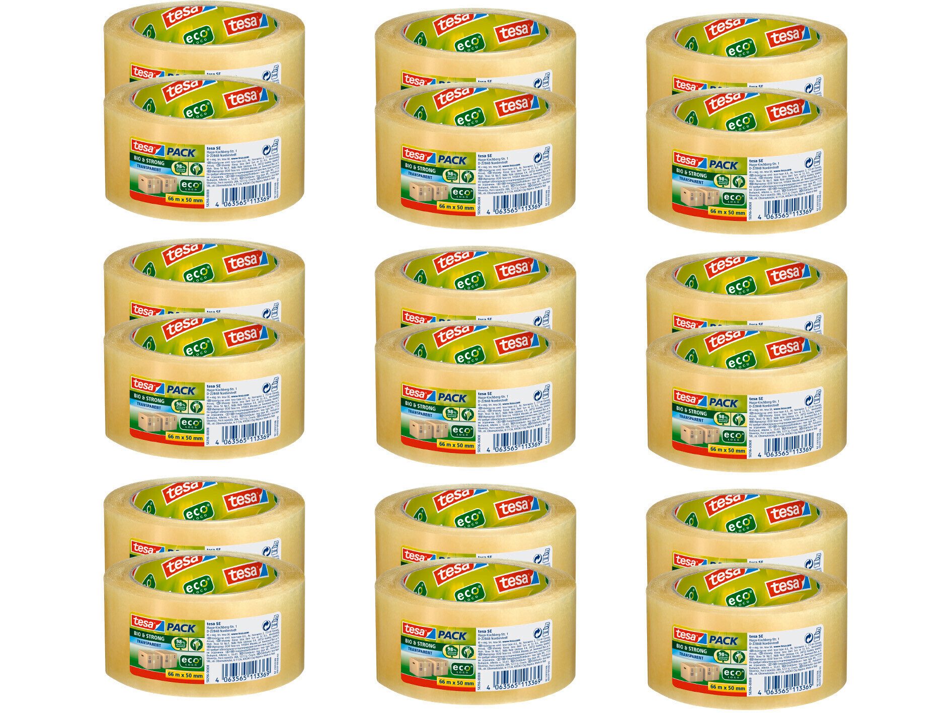 tesa Klebeband tesapack Bio & Strong Paketklebeband - 66m : 50mm (Packung, 18-St., 18 Rollen tesapack Bio & Strong, 66m x 50mm) Paketklebeband - einfaches Verpacken & Verschließen - transparent