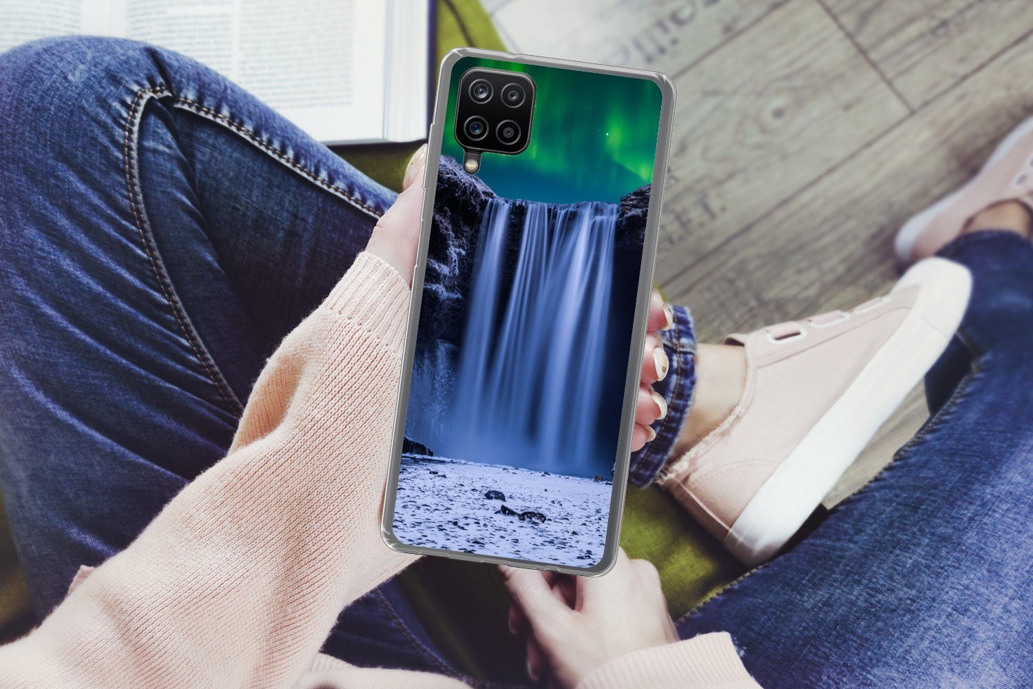 MuchoWow Handyhülle für Samsung Galaxy A12 Nordlichter - Wasserfall - Schnee - Island, Smartphone-Bumper, Print, Handy Schutzhülle Dünn