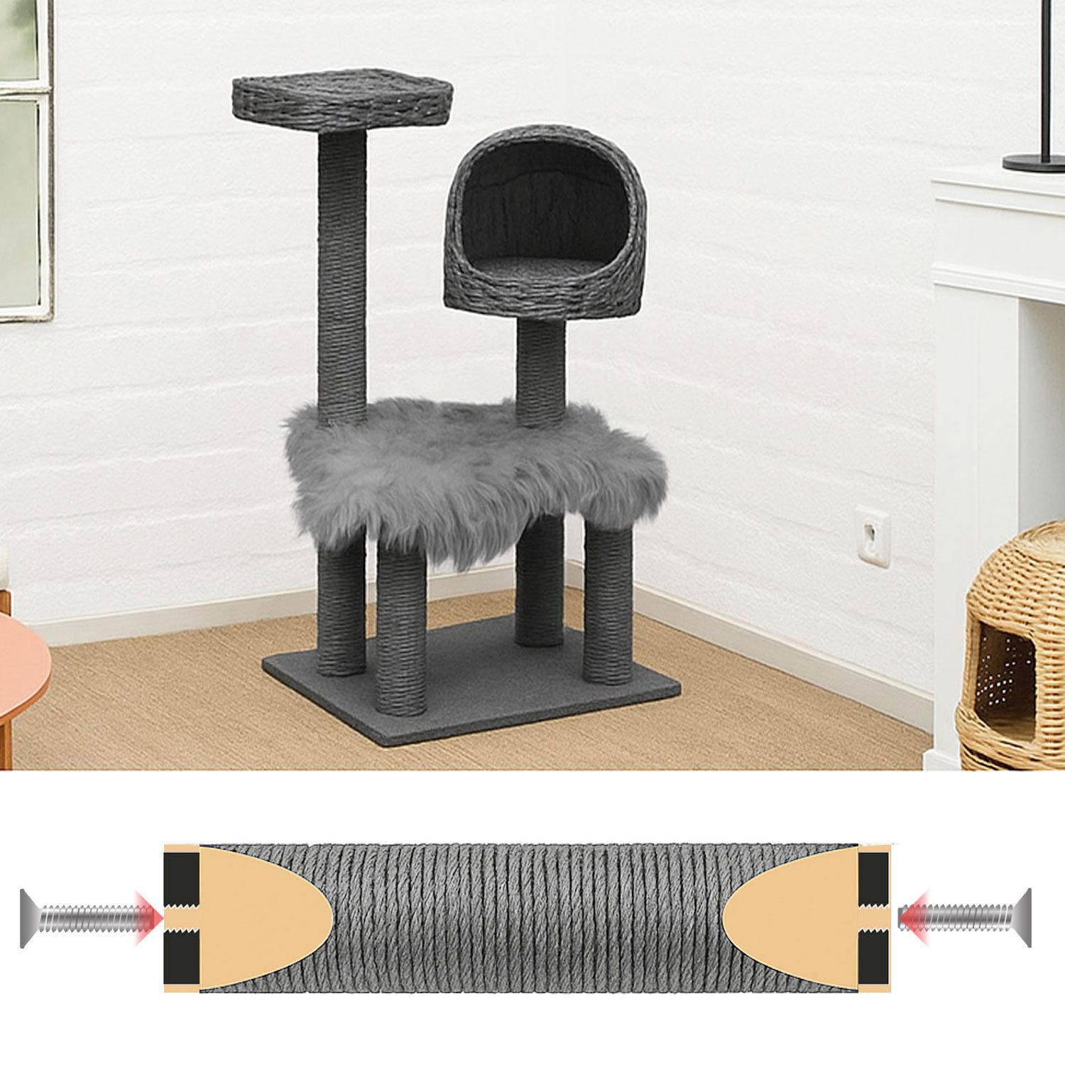 eyepower Ersatz-Kratzbaumstamm Ersatzsäule - 15 cm Sisalstamm für Katzenkratzbaum - Ersatzstamm M8, Ø 7,4 cm dicke Sisalsäule - Katzenbaum Ersatzteil - Sisal Kratzstamm