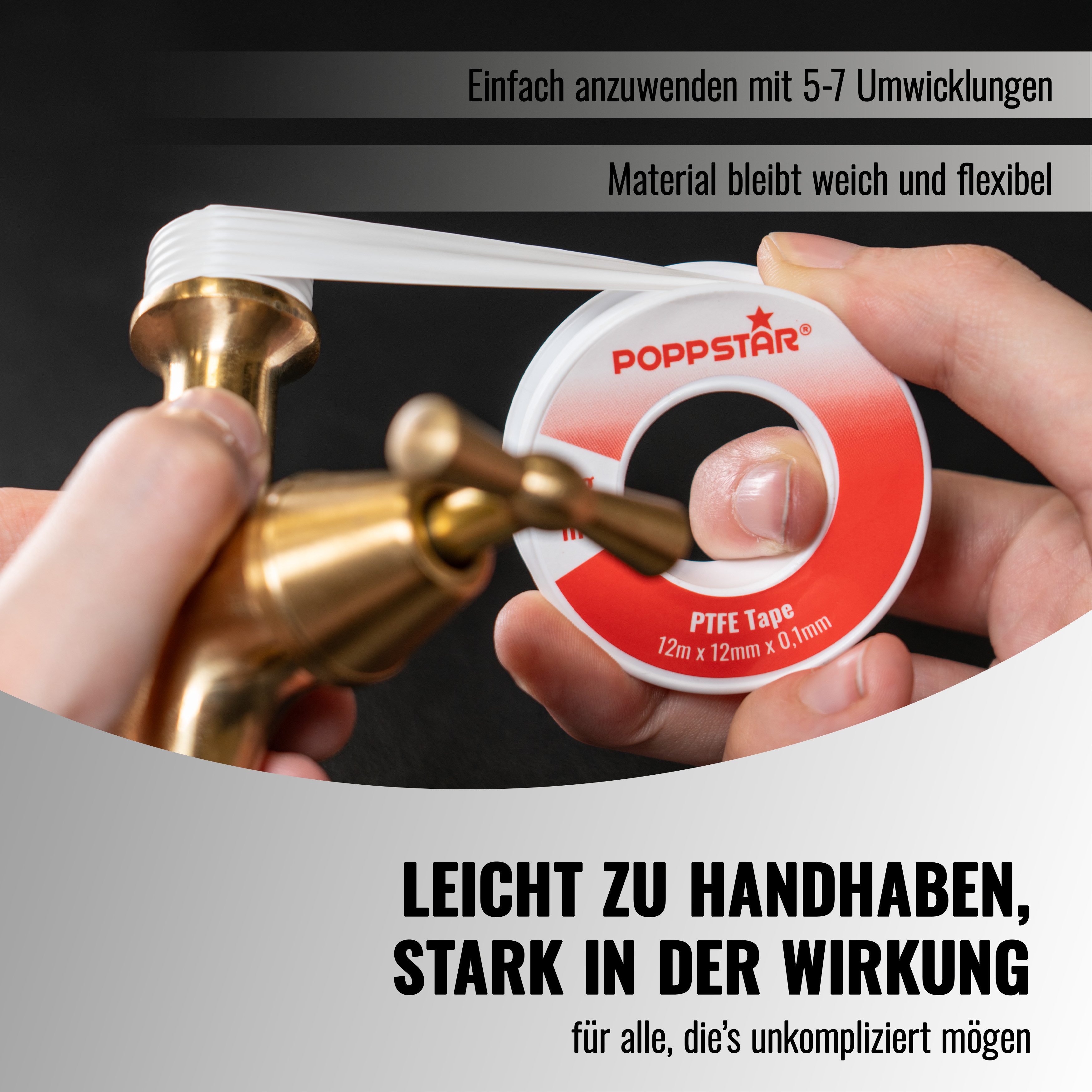 Poppstar Gewindedichtband PTFE 60g/m² FRp für Feingewinde, (1-St), Teflon-Dichtband für Gas & Wasser-Abdichtung 12m x 12mm x 0,1mm – Bild 5 von 5