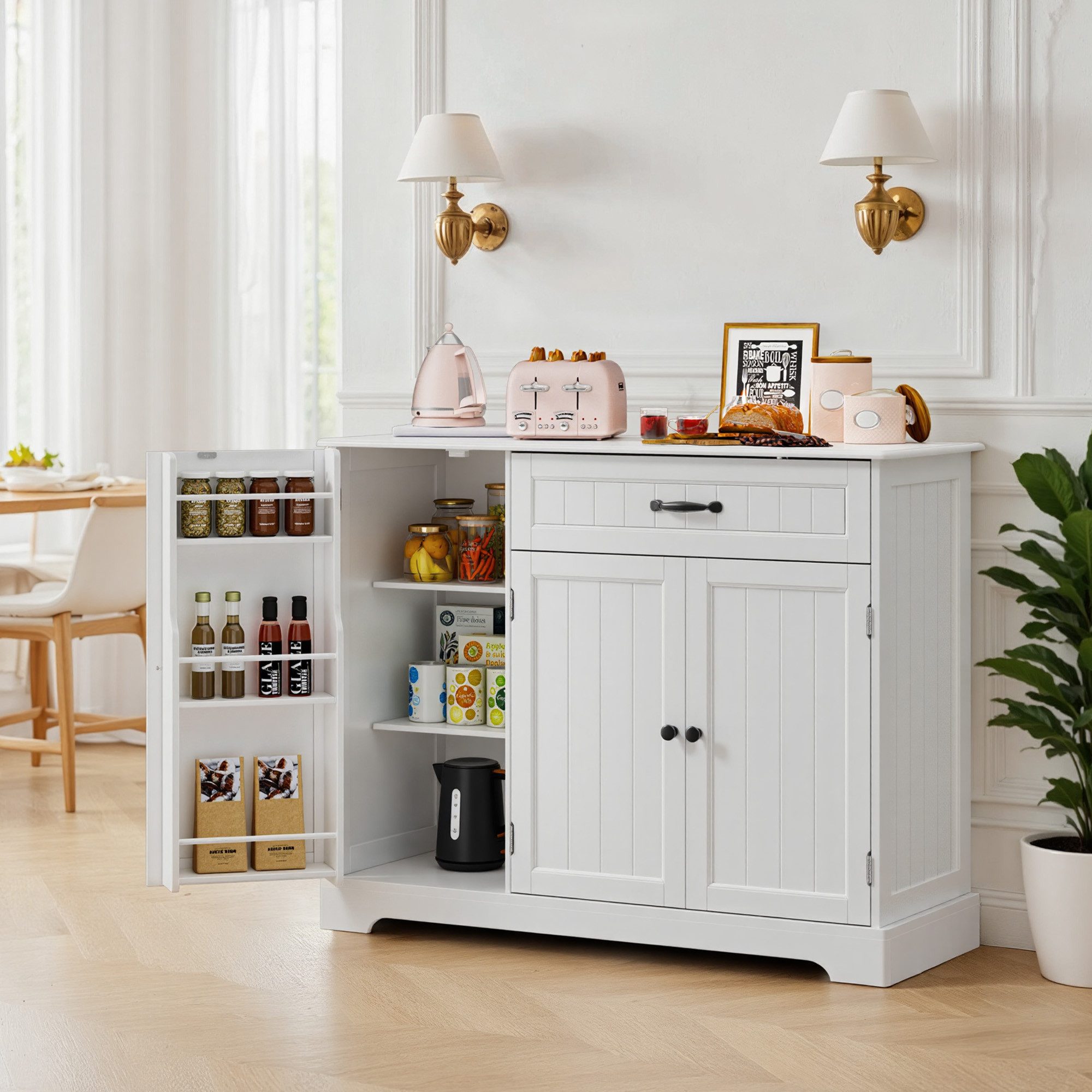 Bealife Sideboard Küchenschrank mit Arbeitsplatten,mit 2 Schubladen 2 Türen,Weiß