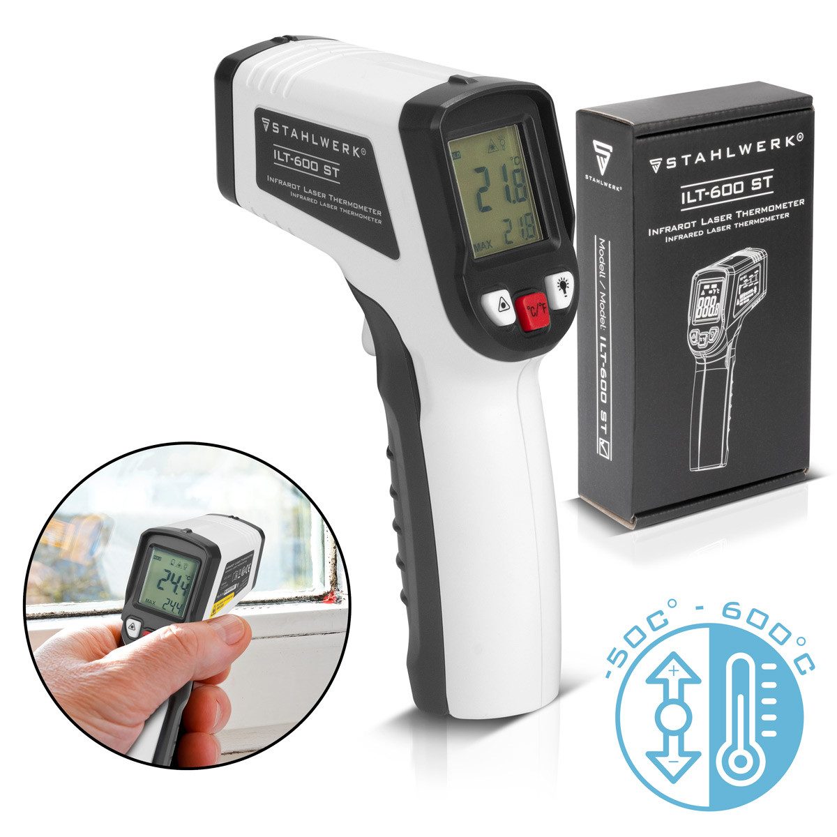 STAHLWERK Feuchtigkeitsmesser Infrarot-Laser-Thermometer ILT-600 ST -50C° bis, (Set, Set), Temperaturbereich von -50C° bis 600°C
