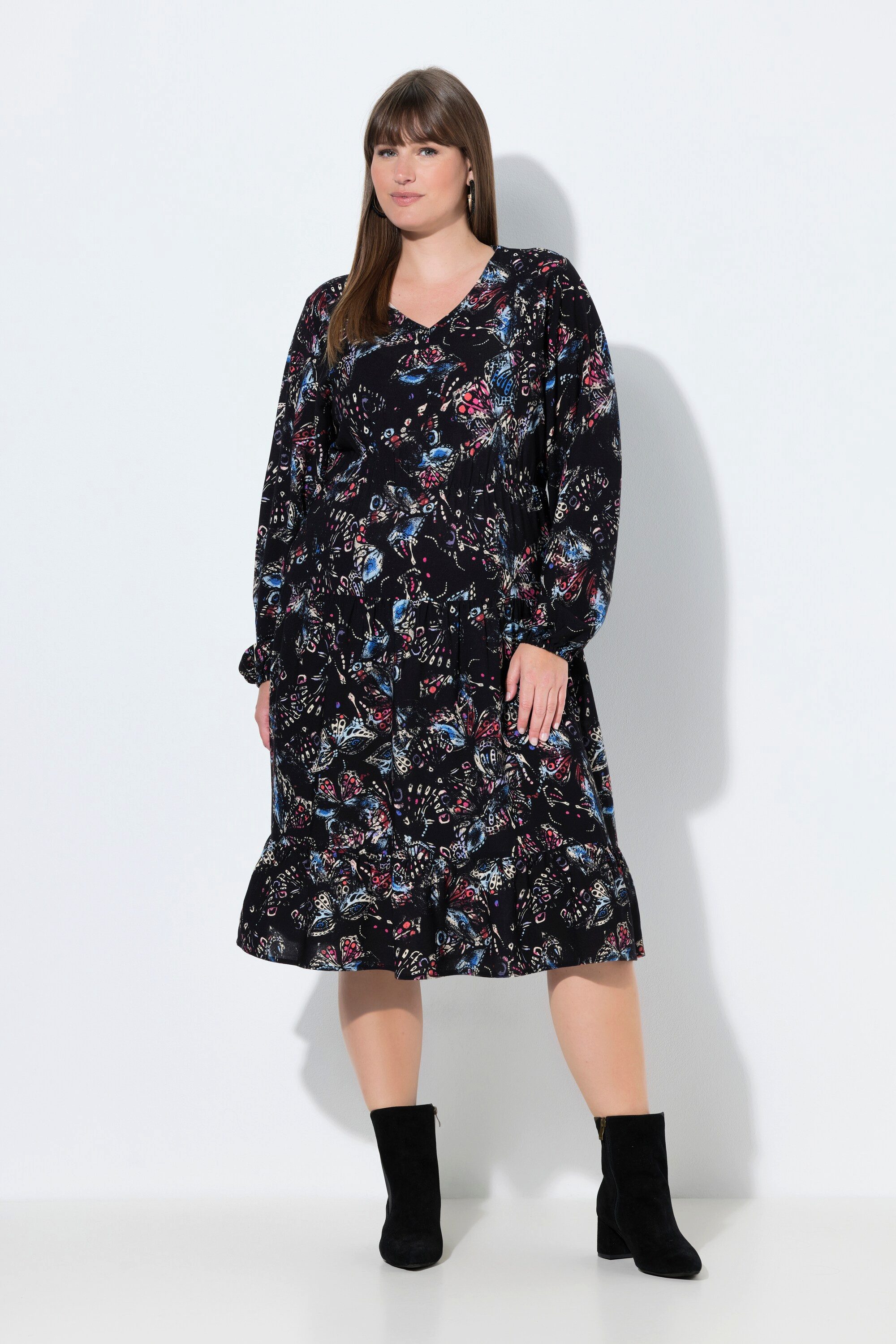 Ulla Popken Midikleid Midikleid Schmetterlinge A-Linie V-Ausschnitt