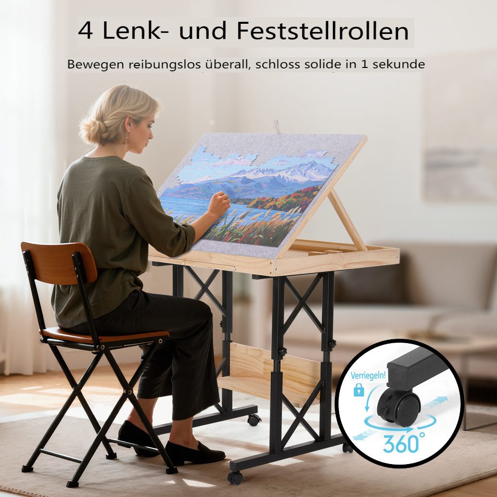 Insma Puzzleunterlage Puzzletisch Puzzlebrett für 1500-Teile Puzzle mit 4 Rollen, (Puzzleboard mit Schubladen, Abdeckung), höhen- & winkelverstellbar, klappbar 82,5×59,5×94 cm