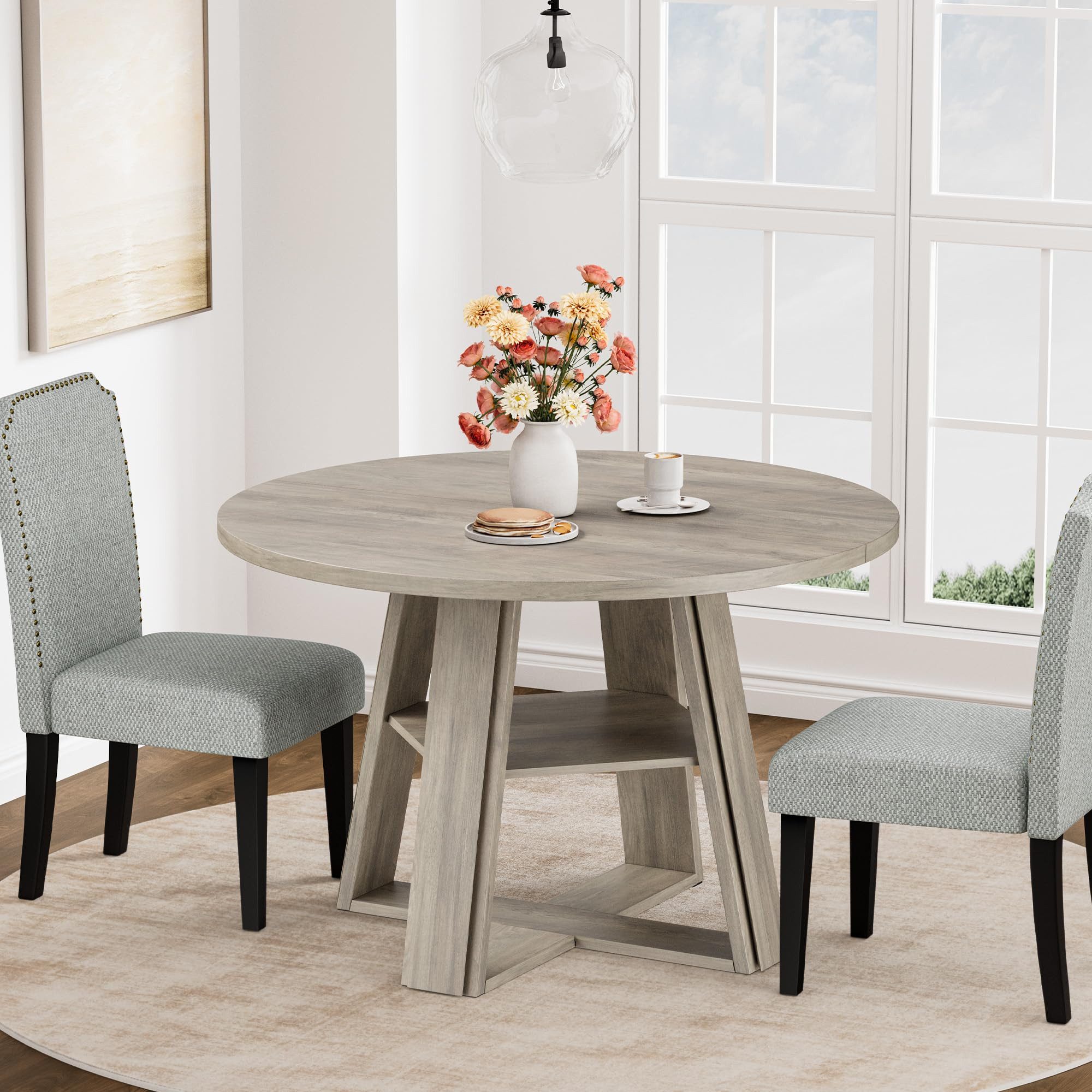 GarveeMore Esstisch 110cm Durchmesser Runder Küchentisch Kulissen-Esstisch Wohnzimmertisch (1-St., 1 Tisch), für 4-6 Personen mit Holzsockel und Ablagefläche – für kleine Küchen