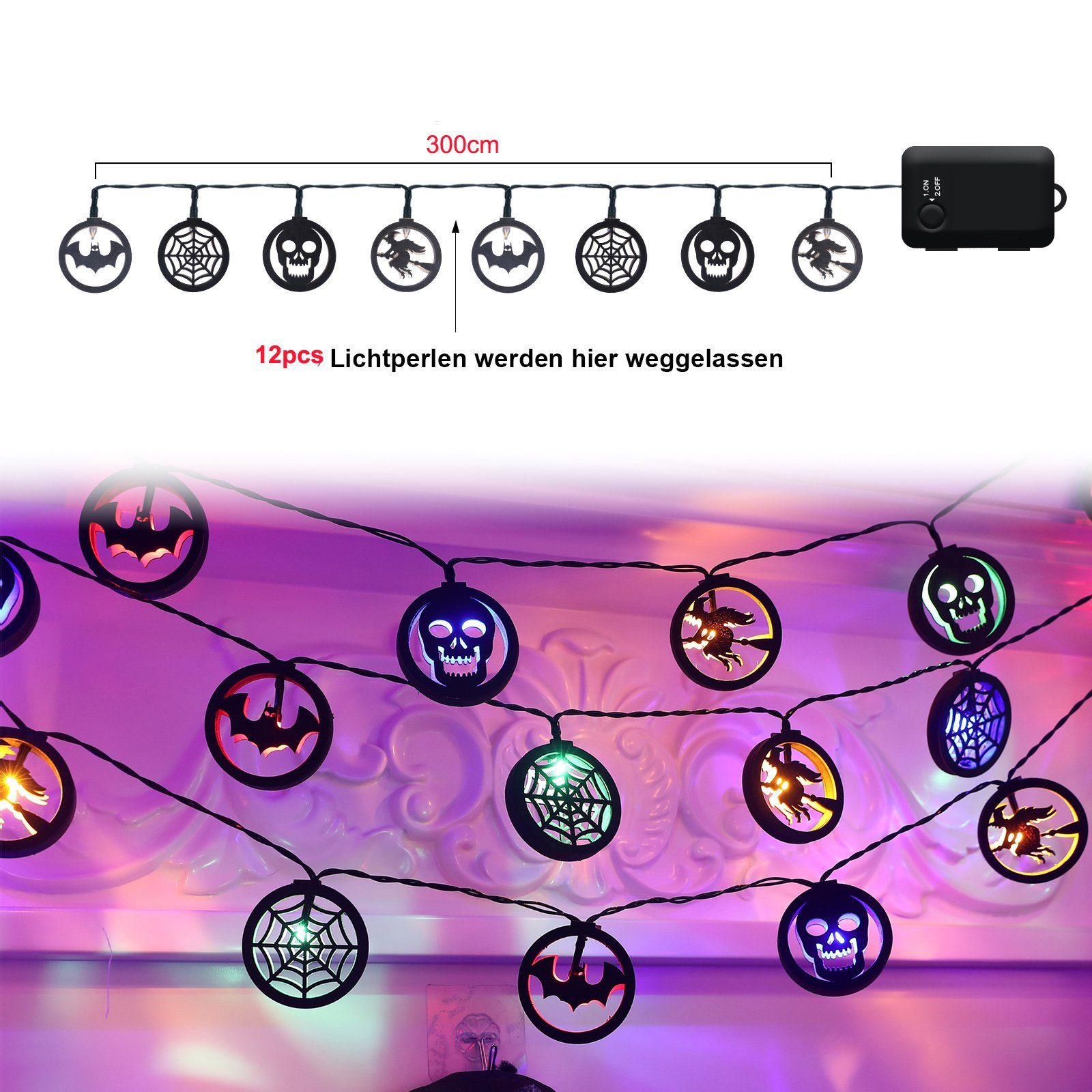 Rosnek LED-Lichterkette 3M, Fledermaus Skelett Hexe, Batterie, für Halloween Party Home Deko