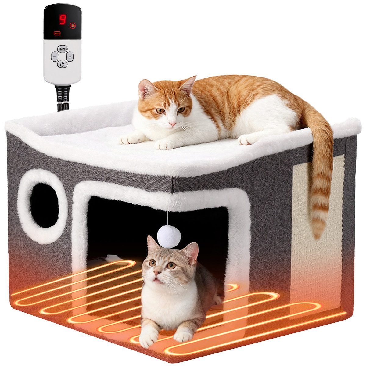 Insma Tierhaus Beheizbares Katzenhaus faltbares Katzenhütte, mit Kratzbrett & Spielball, verstellbare Temperatur, Timer, 41×41×33cm von Insma